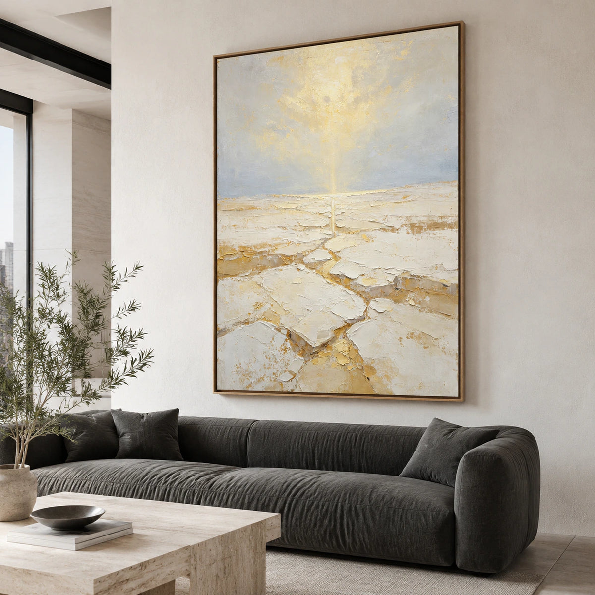 Gilded-Tide above a restrained neutral sofa in a bright contemporary living room.