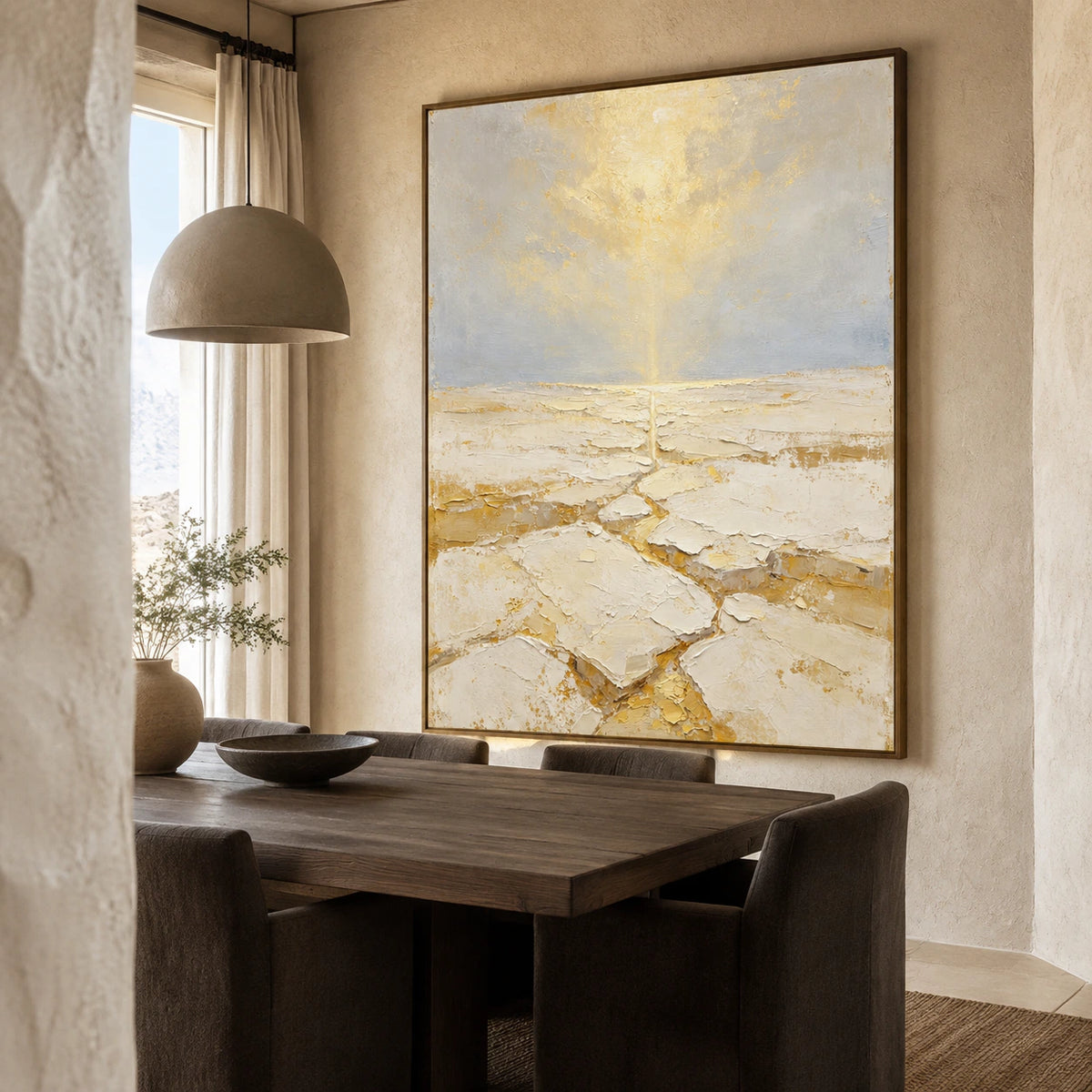 Gilded-Tide as a large focal point in a refined daylight-filled dining room.