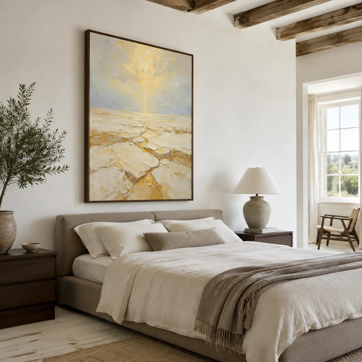 Gilded-Tide above a low bed in a quiet, airy bedroom.