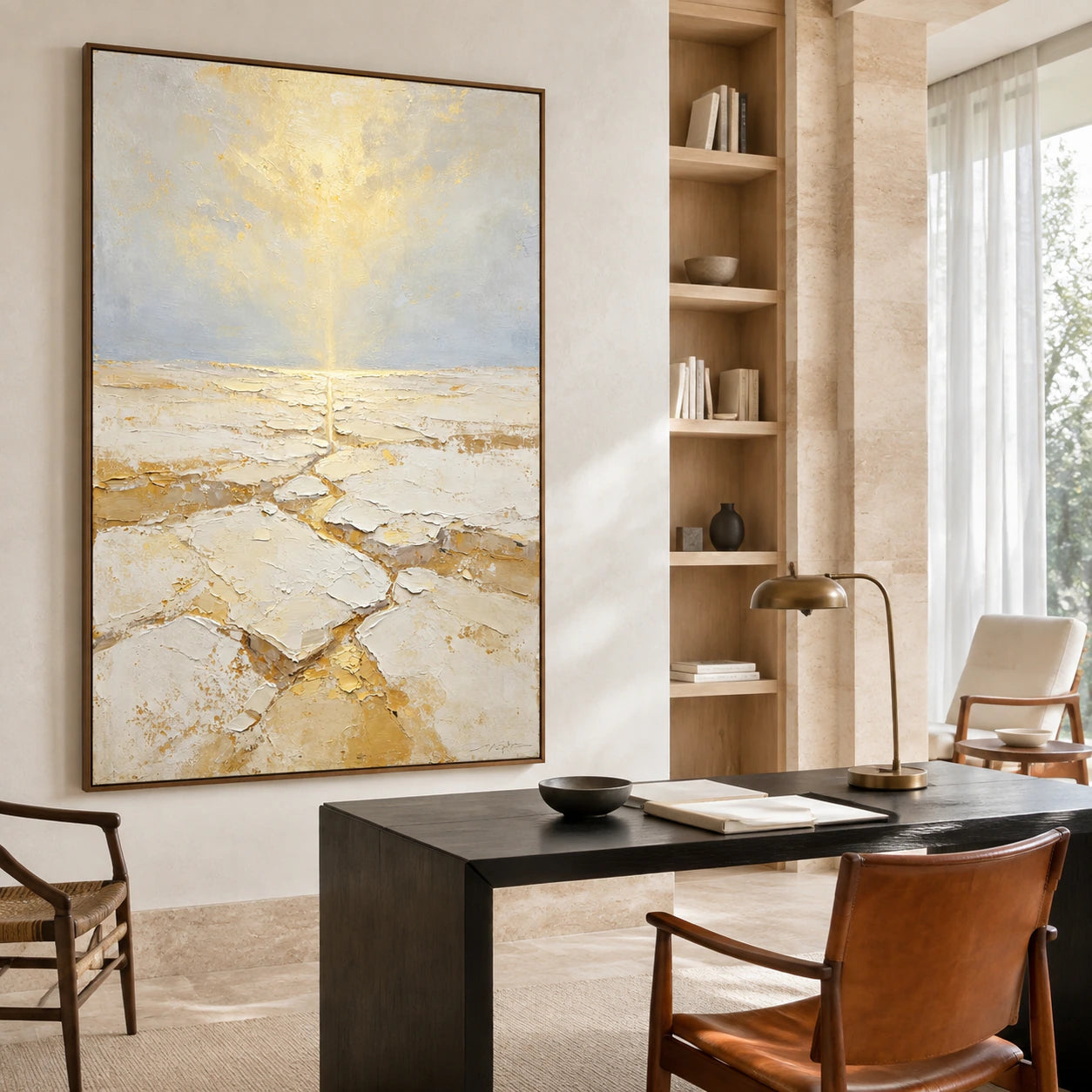 Gilded-Tide anchoring a bright minimalist home office and reading space.