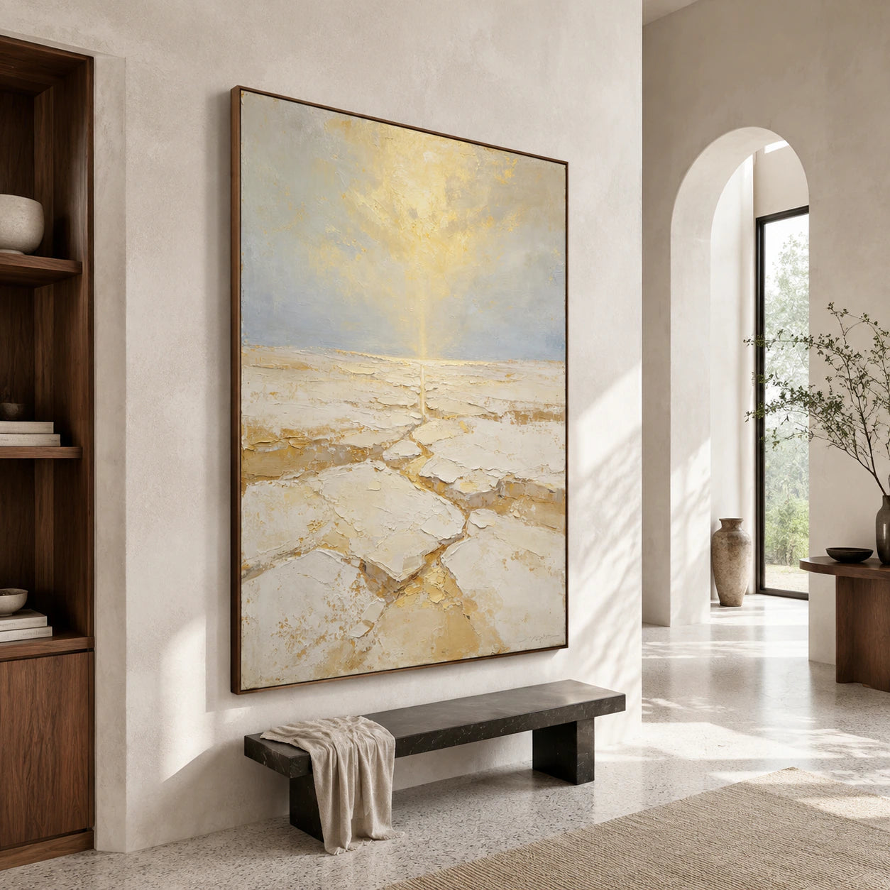 Gilded-Tide presented at gallery scale in an open, light-filled foyer.