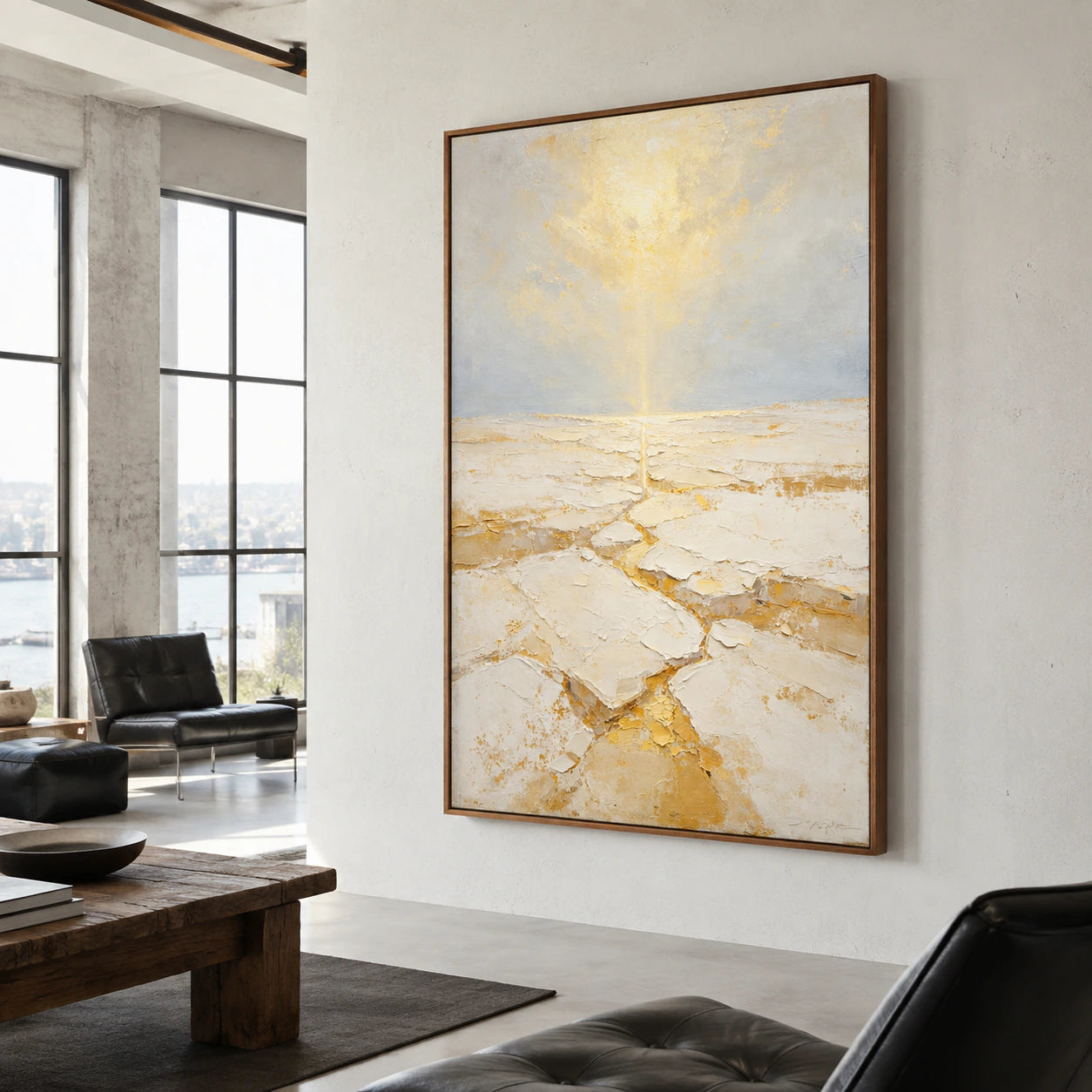 Gilded-Tide as a commanding focal point in an expansive sunlit loft hospitality interior.