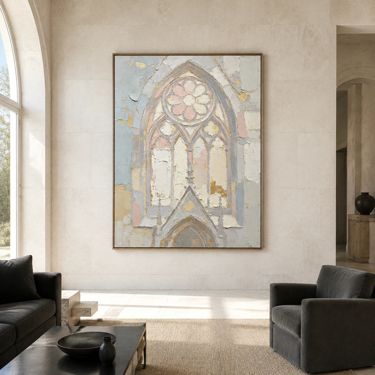 Large Gilded-Tracery painting shown straight-on in a spacious daylight interior.