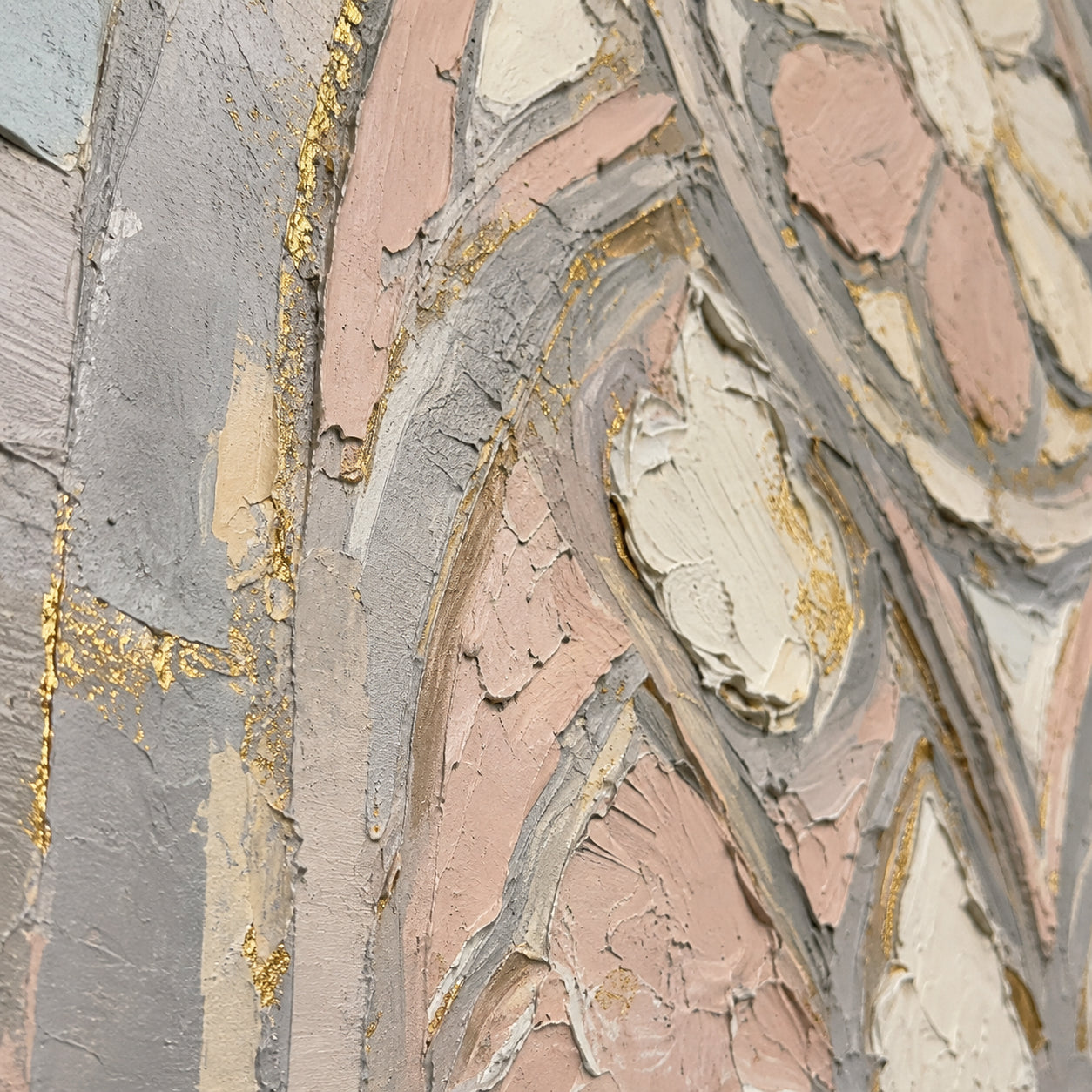 Gilded-Tracery oil painting brushwork and impasto detail photographed from an oblique side angle