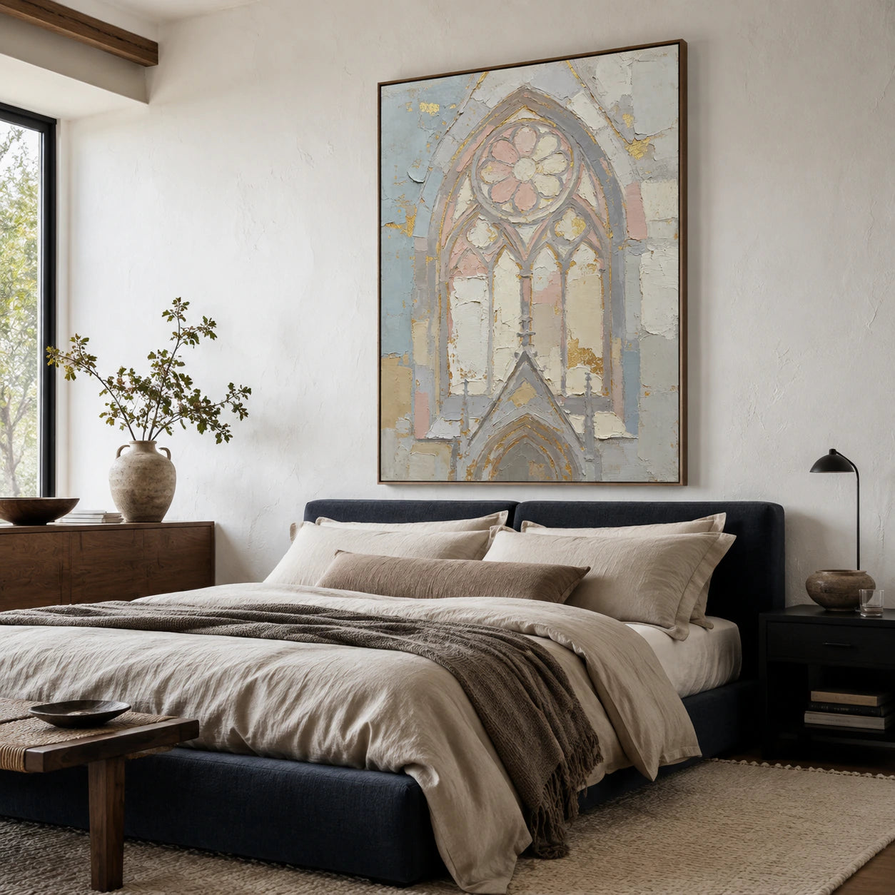 Gilded-Tracery as the focal artwork in a quiet, light-filled bedroom.