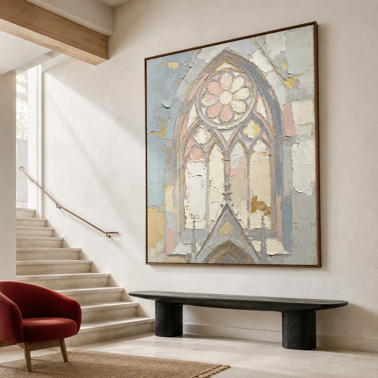 Large Gilded-Tracery painting displayed in a gallery-scale foyer.