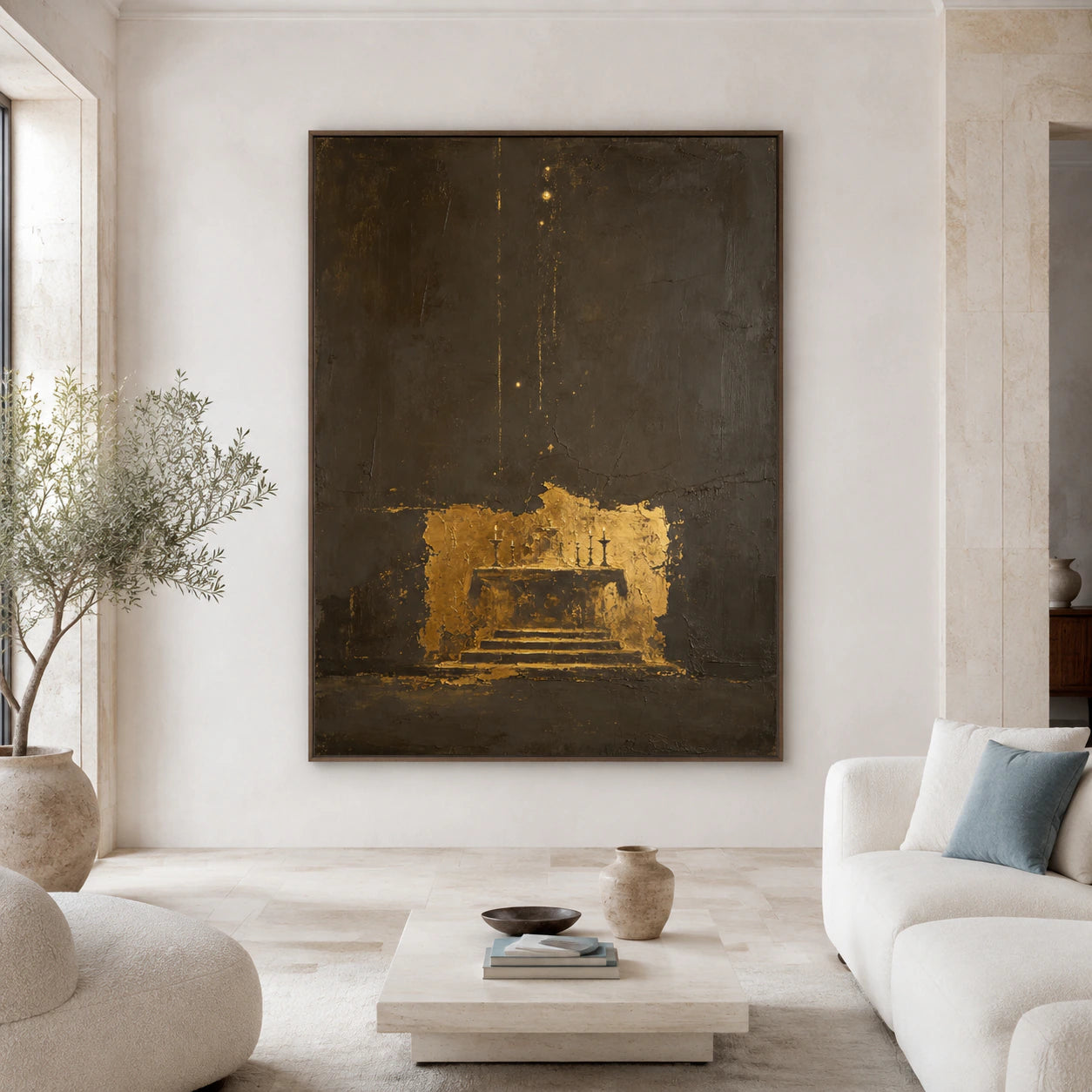 Large dark and gold textured abstract painting displayed straight-on in an expansive architectural living space.