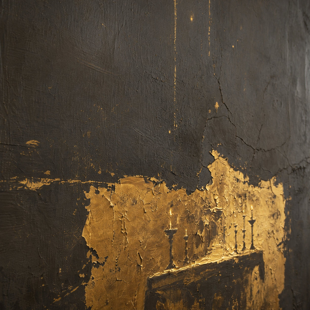 Gilded-Vigil oil painting brushwork and impasto detail photographed from an oblique side angle