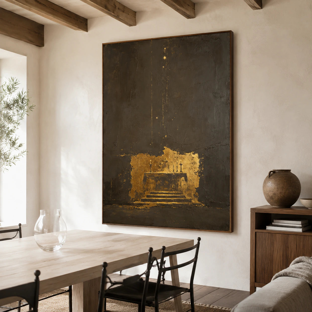 Dark textured vertical abstract painting in a refined daylight dining room.