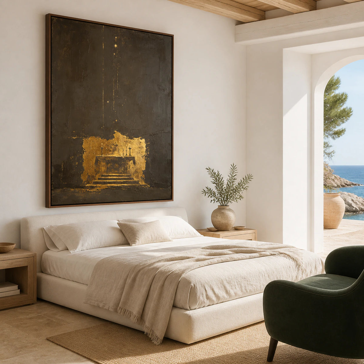 Dark and gold abstract painting as the focal point of a calm sunlit bedroom.