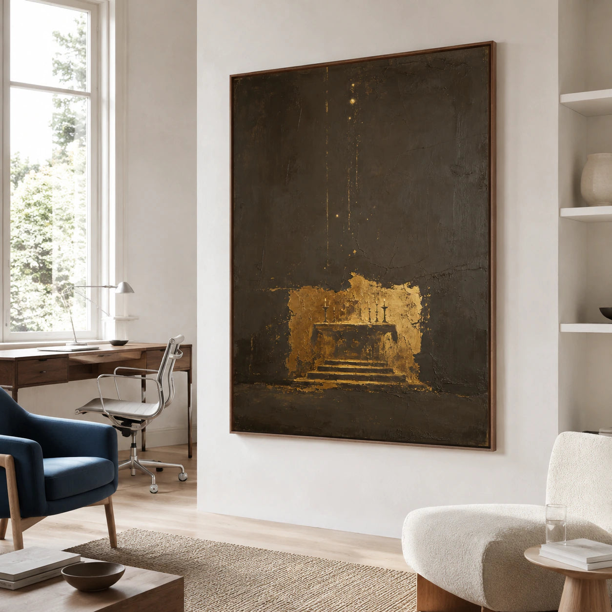Textured dark abstract painting in an airy home office reading space.