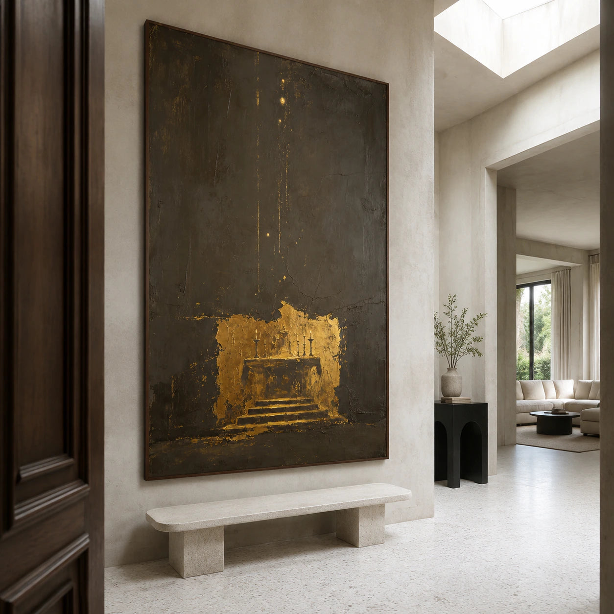 Large dark and gold vertical abstract painting in a gallery-scale foyer.