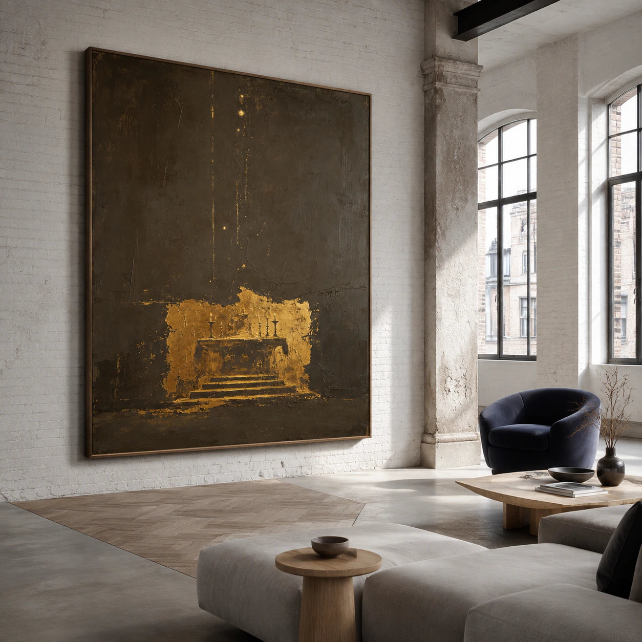 Dark textured abstract painting in a bright expansive hospitality loft interior.