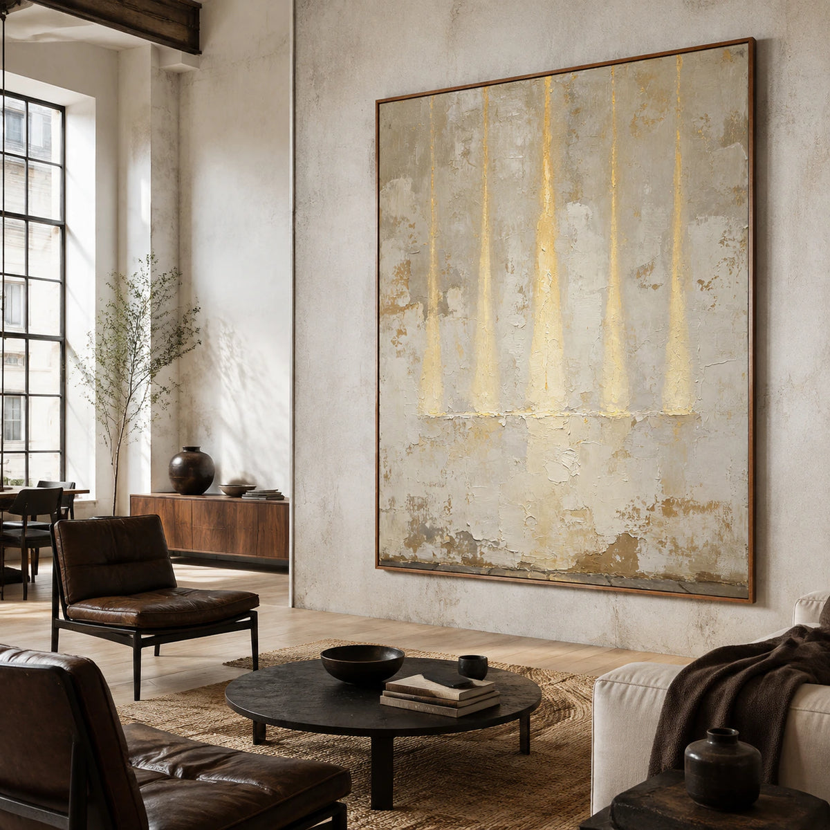 Gilded-Weather anchoring a bright loft hospitality interior.