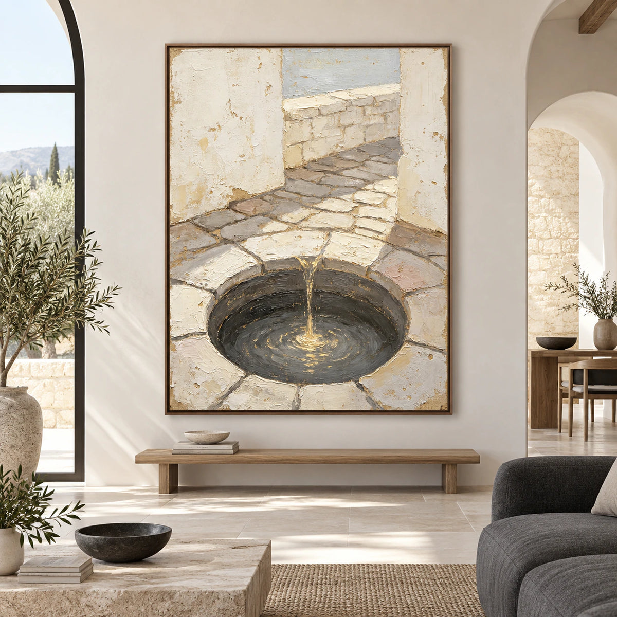 Large vertical Gilded-Well painting displayed straight-on in a spacious daylight-filled interior.