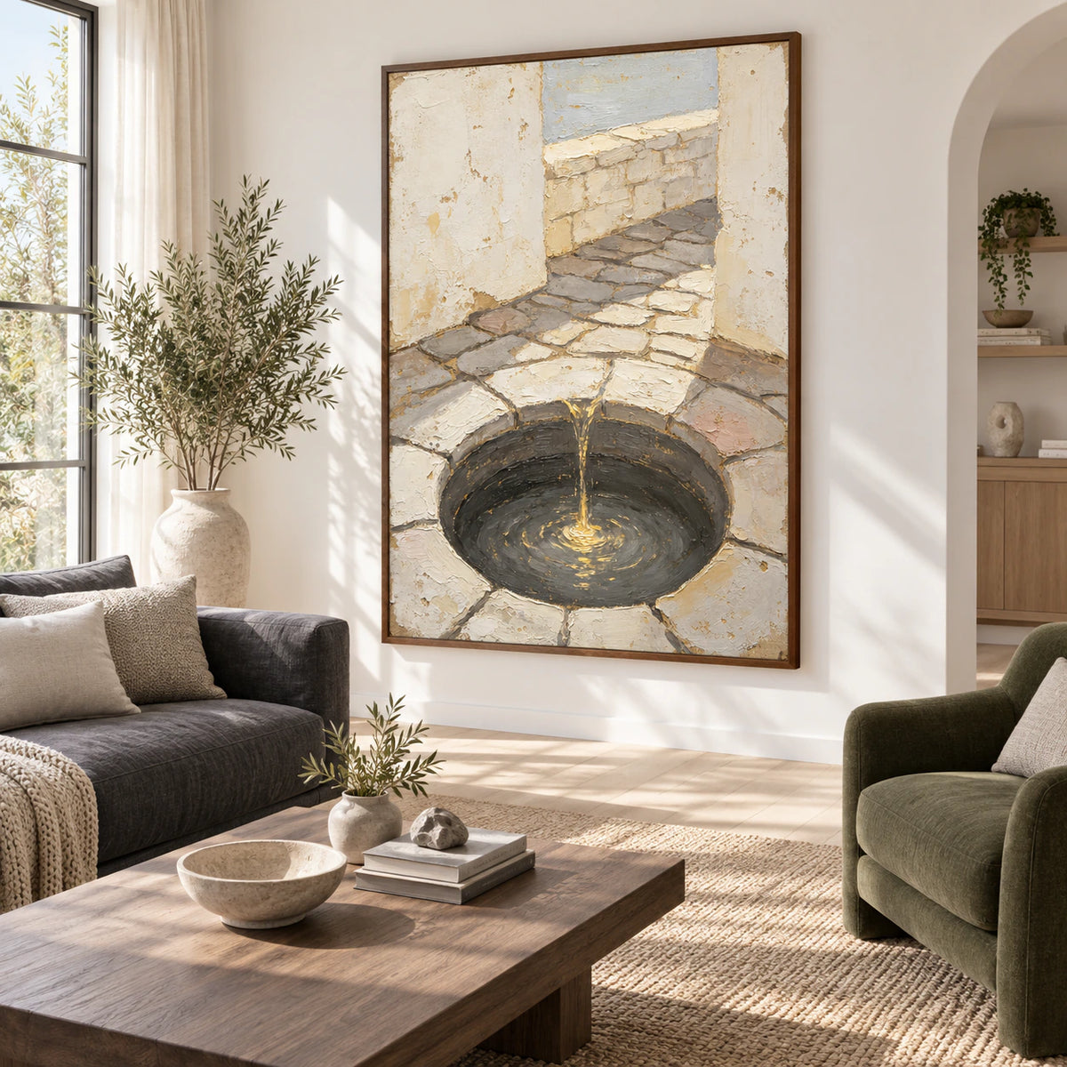 Large Gilded-Well painting above a restrained sofa in a bright living room.