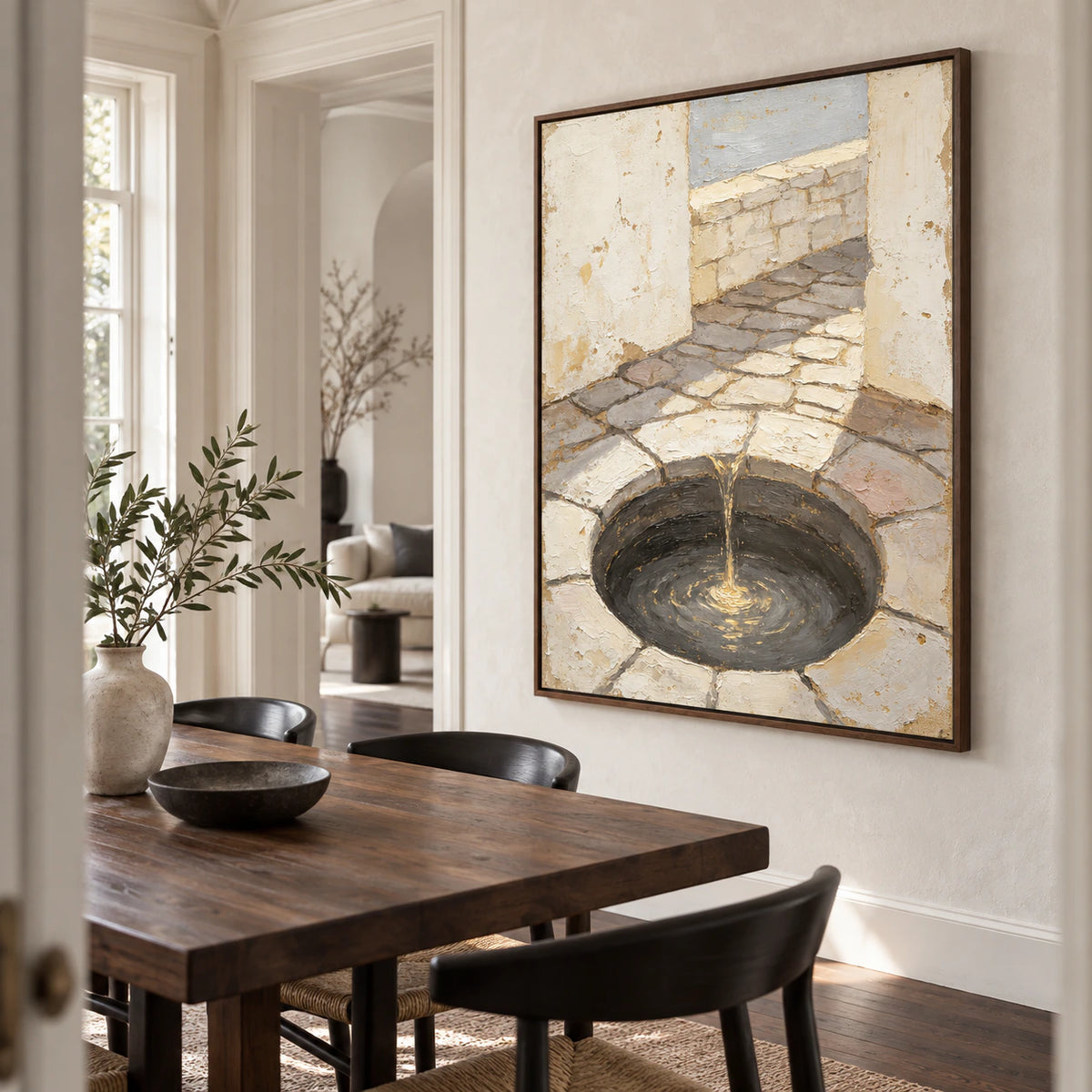 Large Gilded-Well painting in a refined daylight-filled dining room.