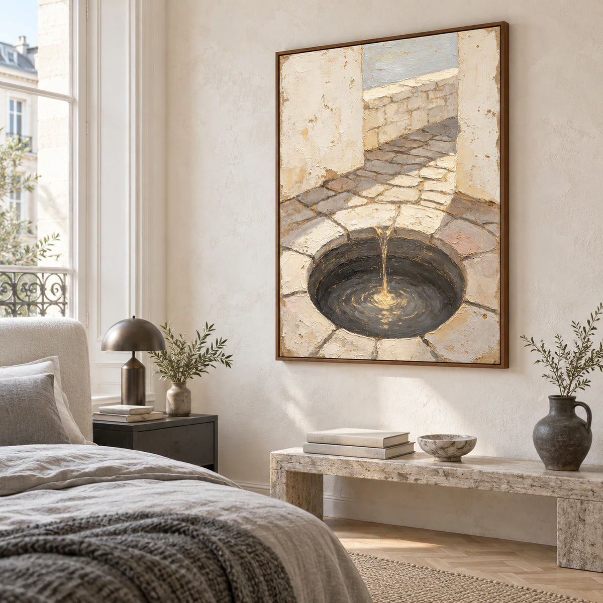 Large Gilded-Well painting in a quiet, softly furnished bedroom.