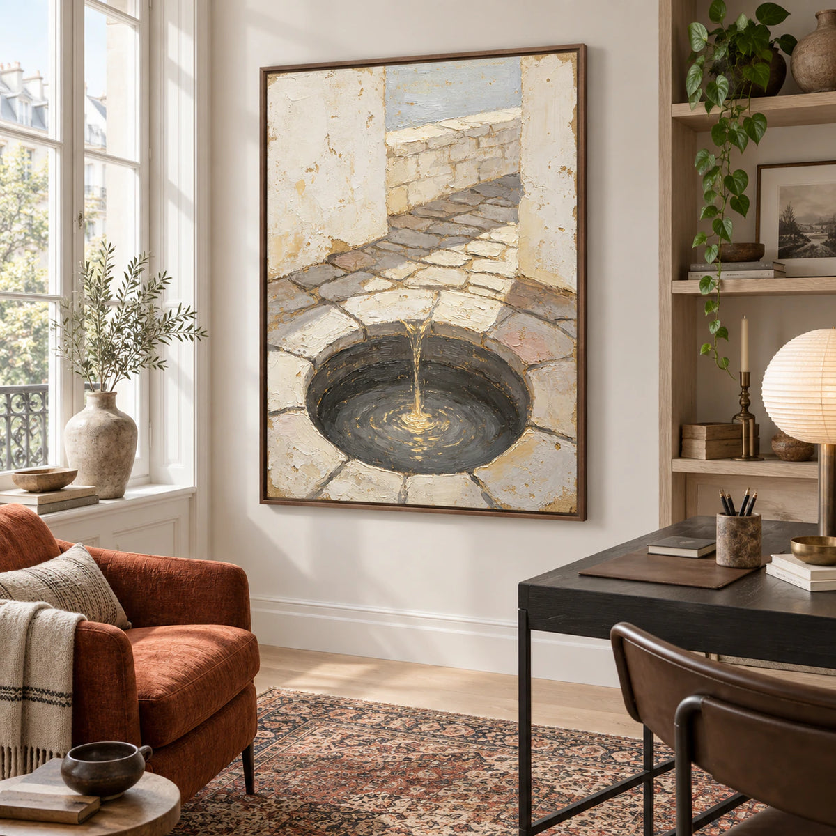 Large Gilded-Well painting in an airy home office reading space.