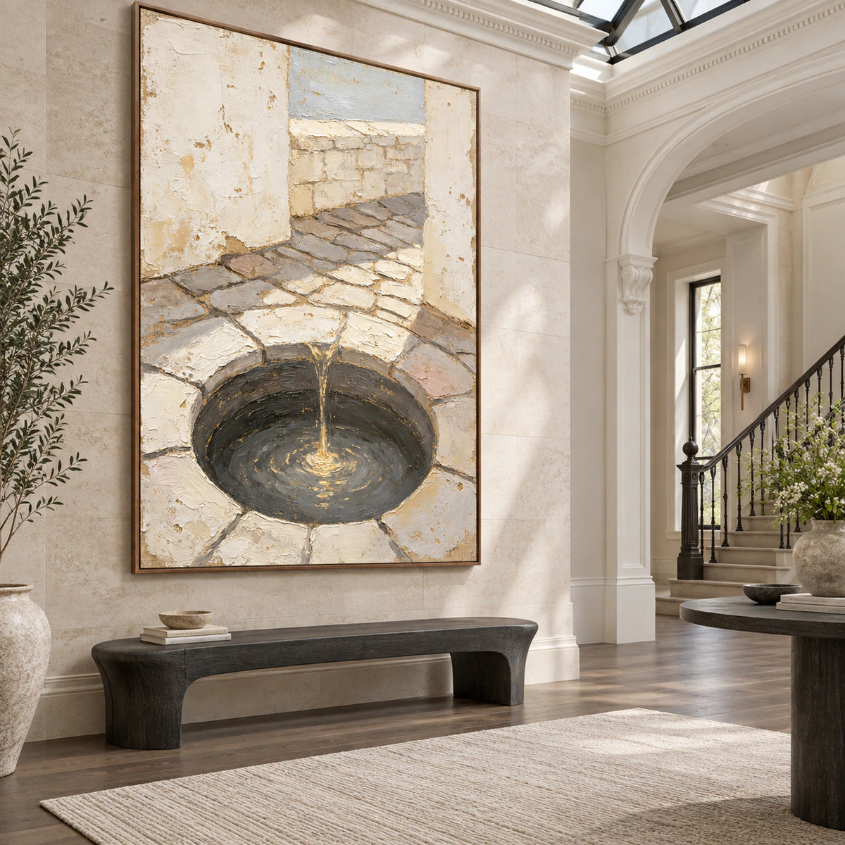 Large Gilded-Well painting in a gallery-scale daylight foyer.
