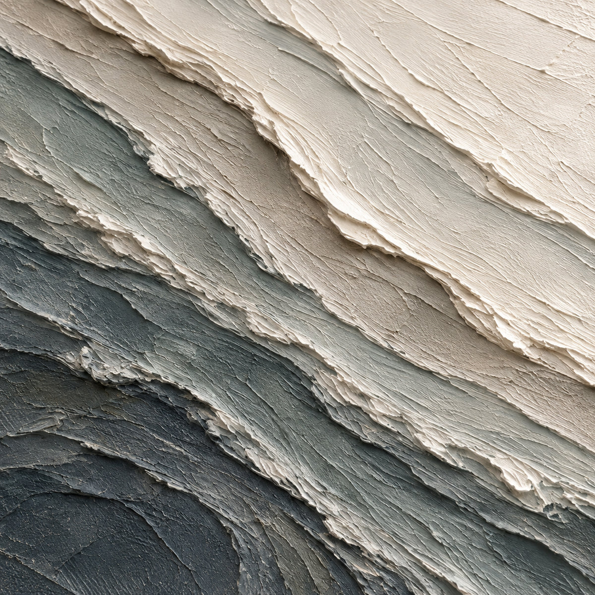 Glacial-Contour oil painting brushwork and impasto detail photographed from an oblique side angle