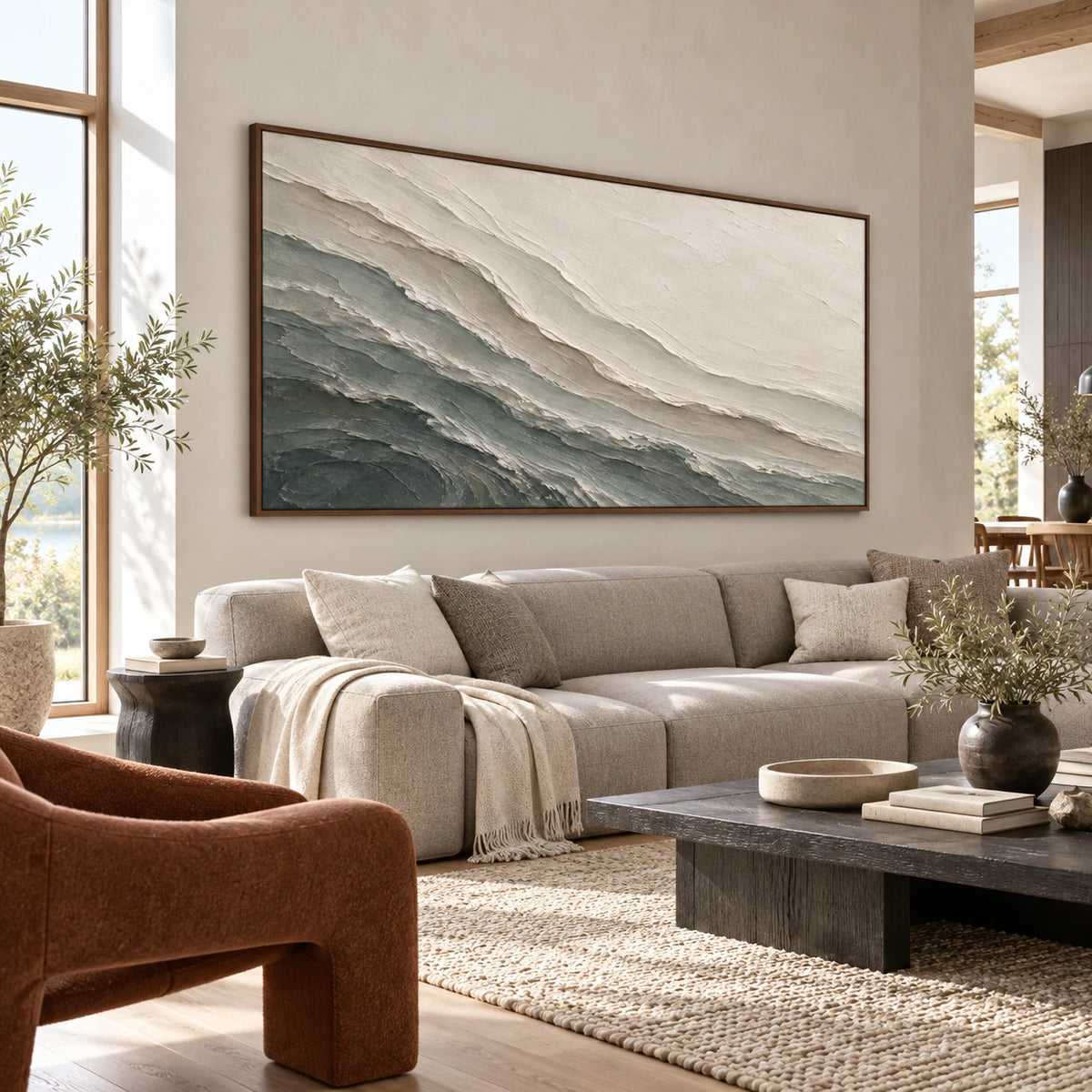Glacial-Contour above a sculptural sofa in a bright living room.