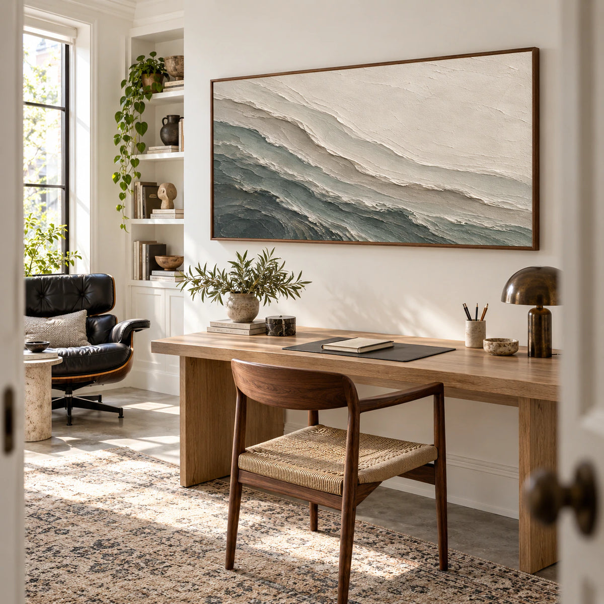 Glacial-Contour in an airy home office reading space.