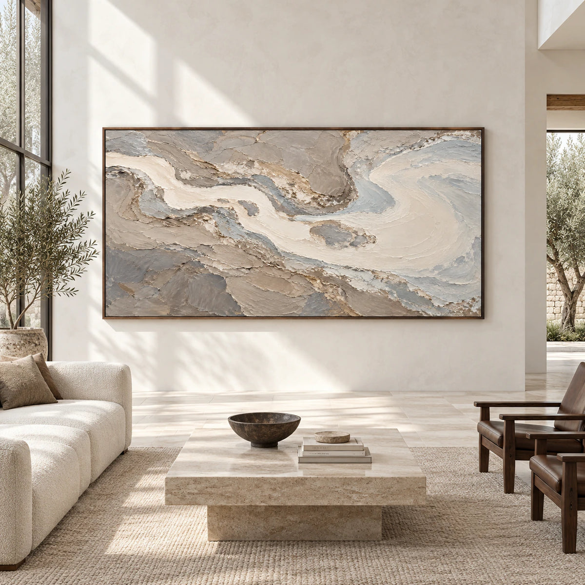 Glacial-Current displayed at large scale in a bright architectural living space, viewed perfectly straight-on.