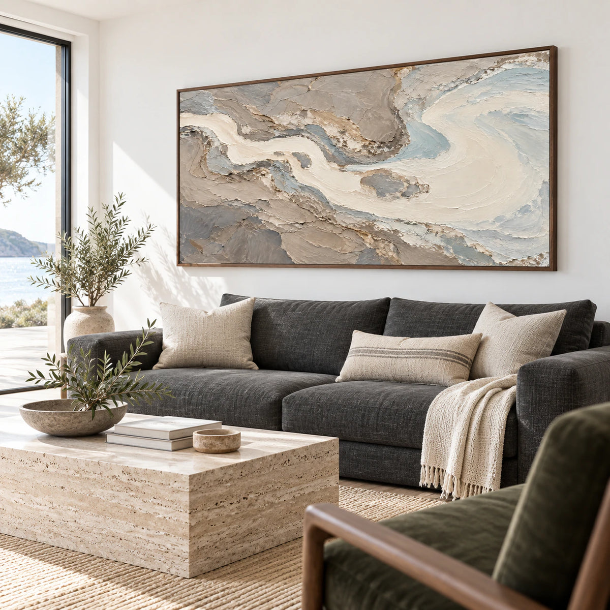 Glacial-Current as the large focal artwork in a bright contemporary living room.