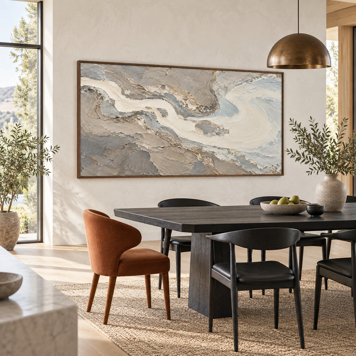 Glacial-Current above a refined dining setting with daylight and restrained sculptural furnishings.