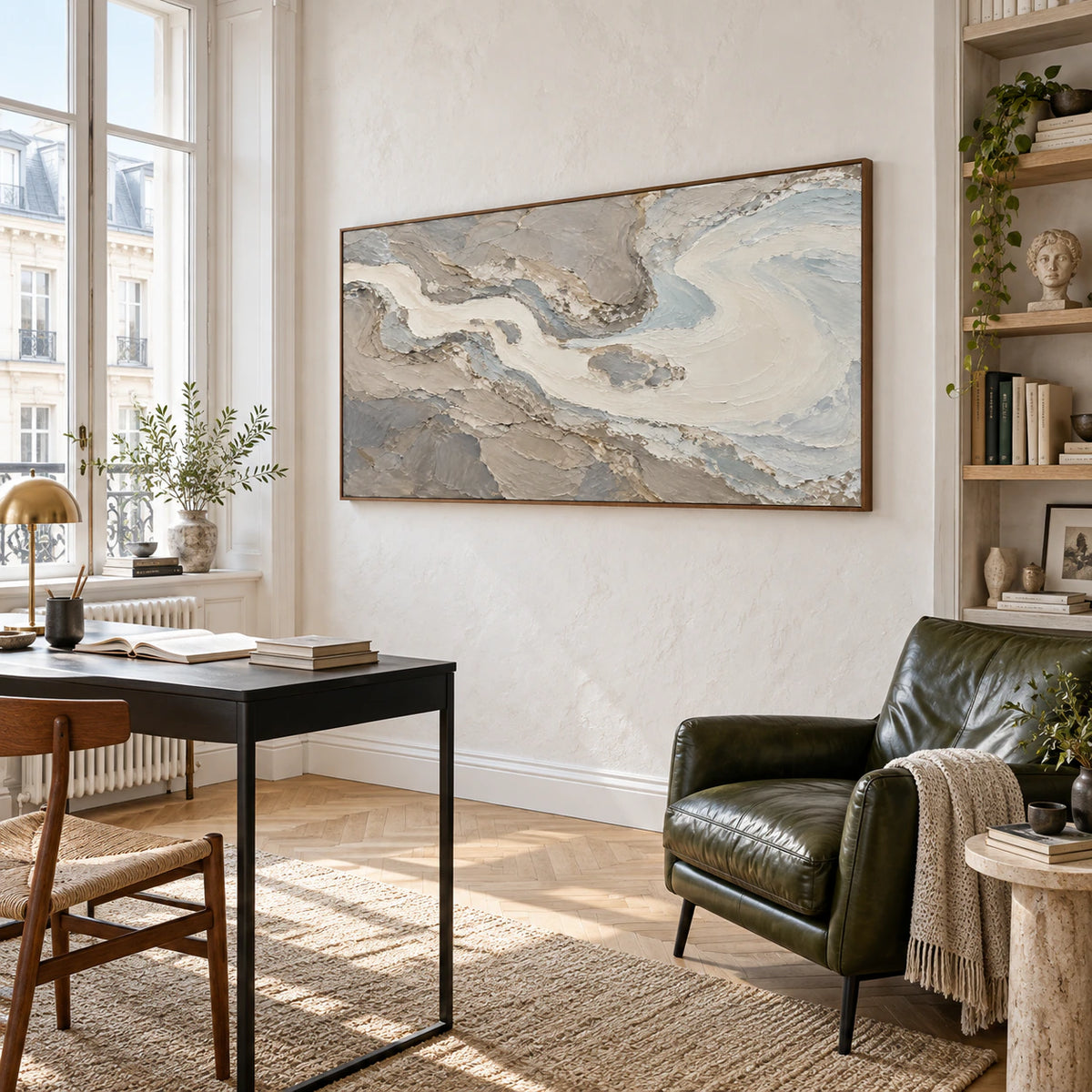 Glacial-Current as the visual focus of an airy home office reading space.