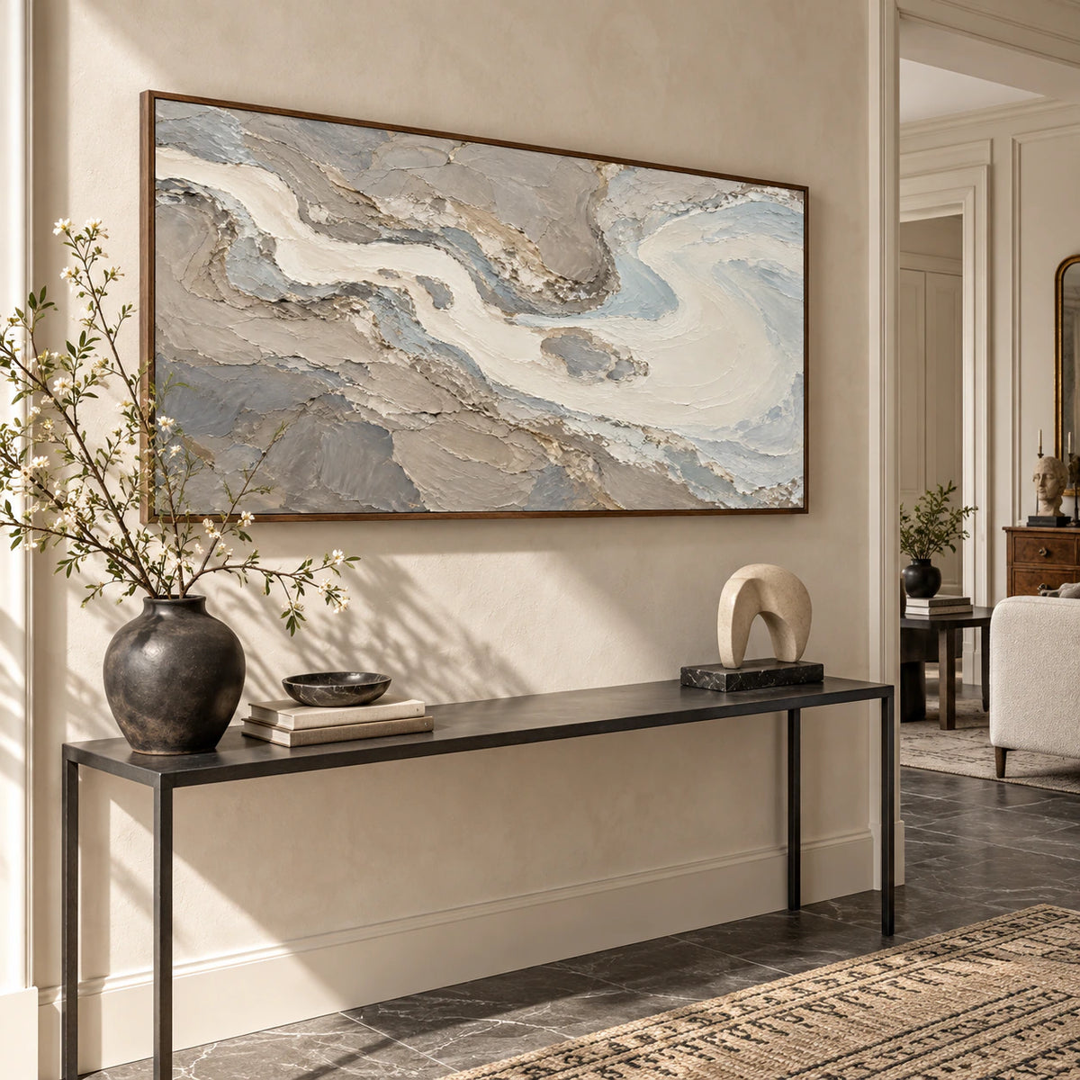 Glacial-Current presented at gallery scale in a sunlit architectural foyer.