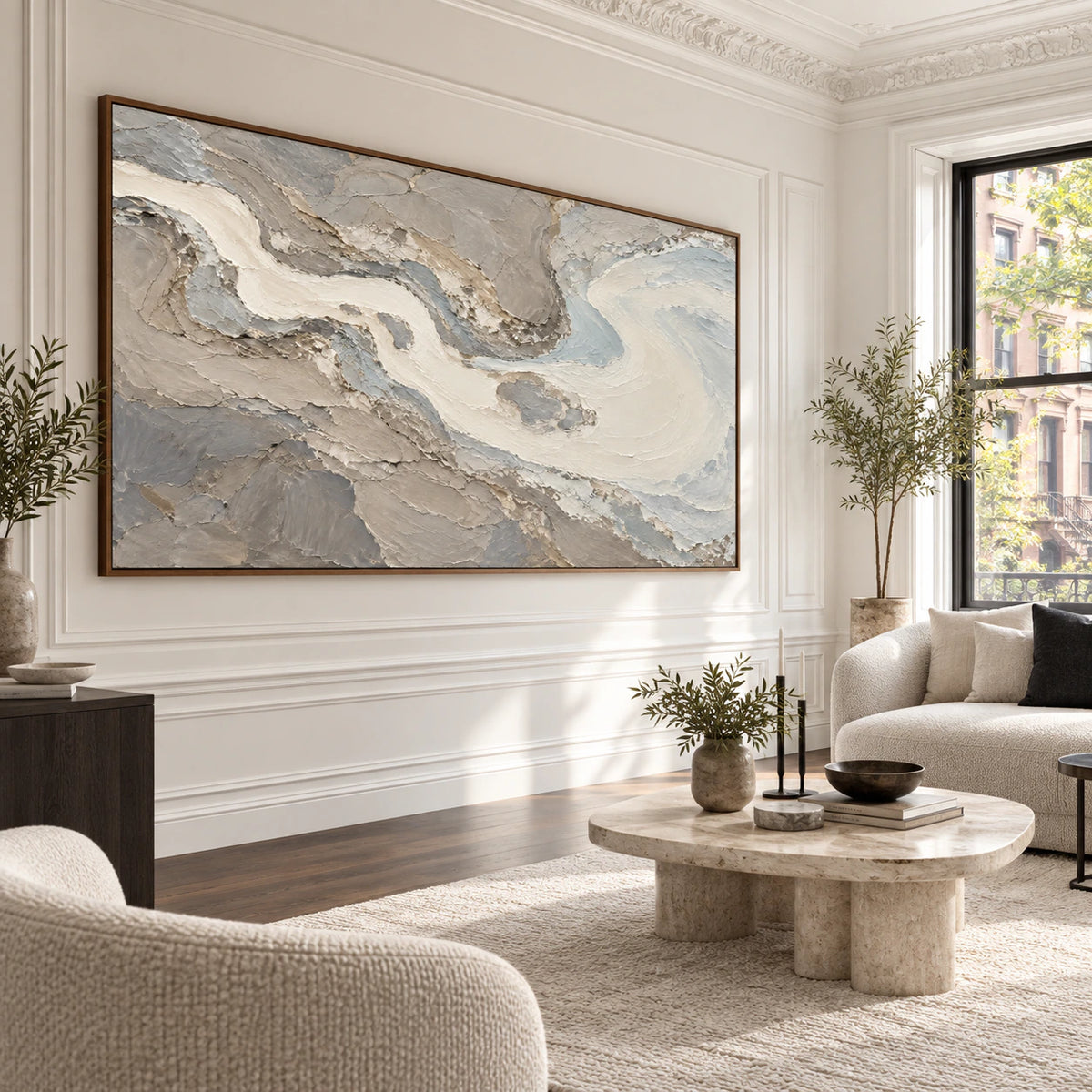 Glacial-Current anchoring an expansive, daylight-filled loft hospitality interior.