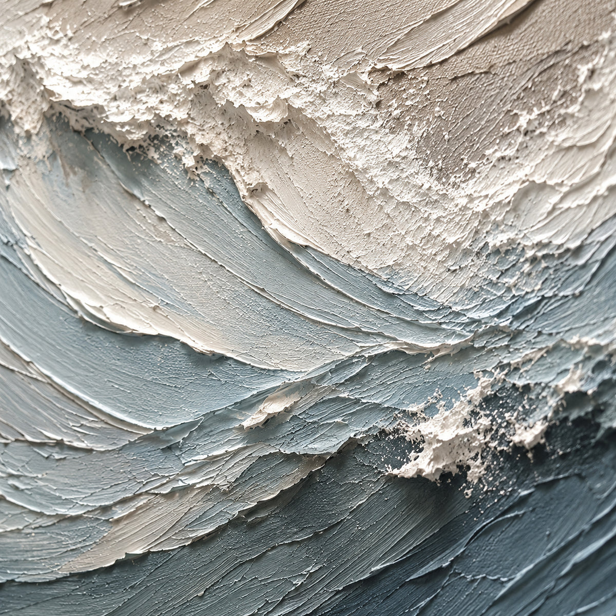 Glacial-Drift oil painting brushwork and impasto detail photographed from an oblique side angle