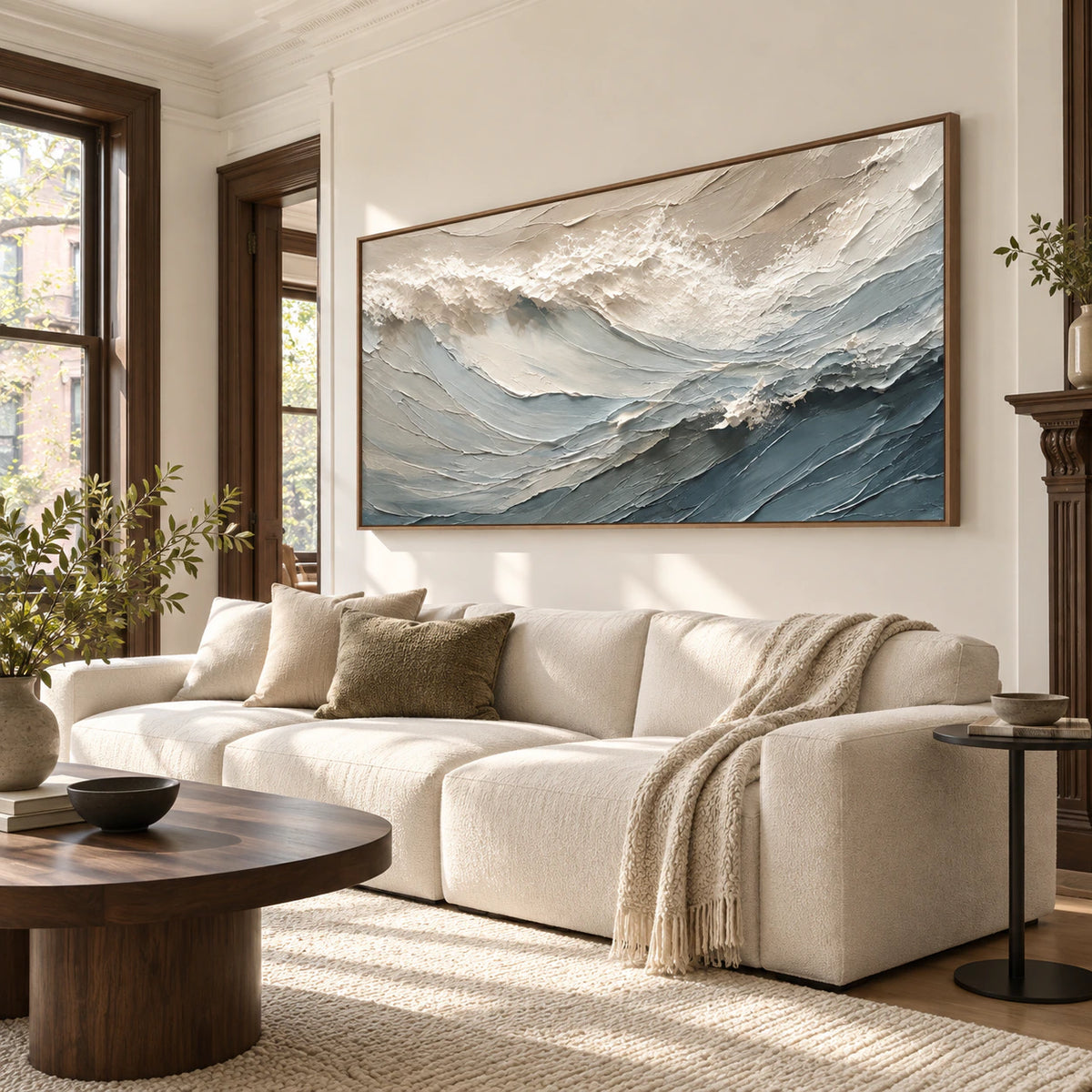 Glacial-Drift as the focal artwork in a bright contemporary living room.