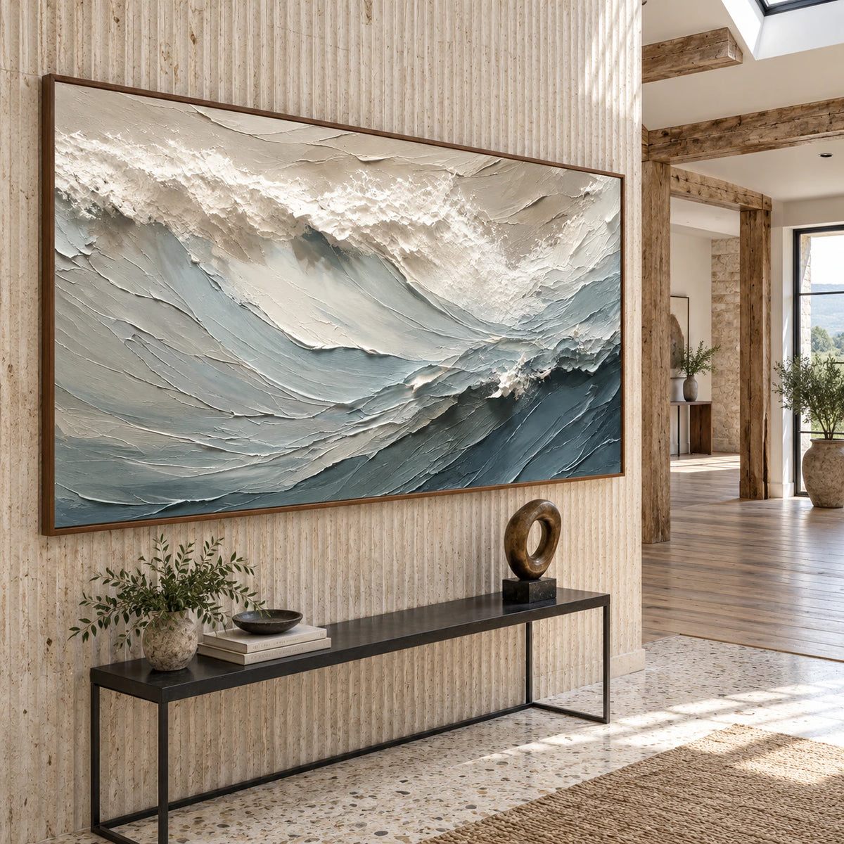 Glacial-Drift at gallery scale in a bright, sculptural foyer.