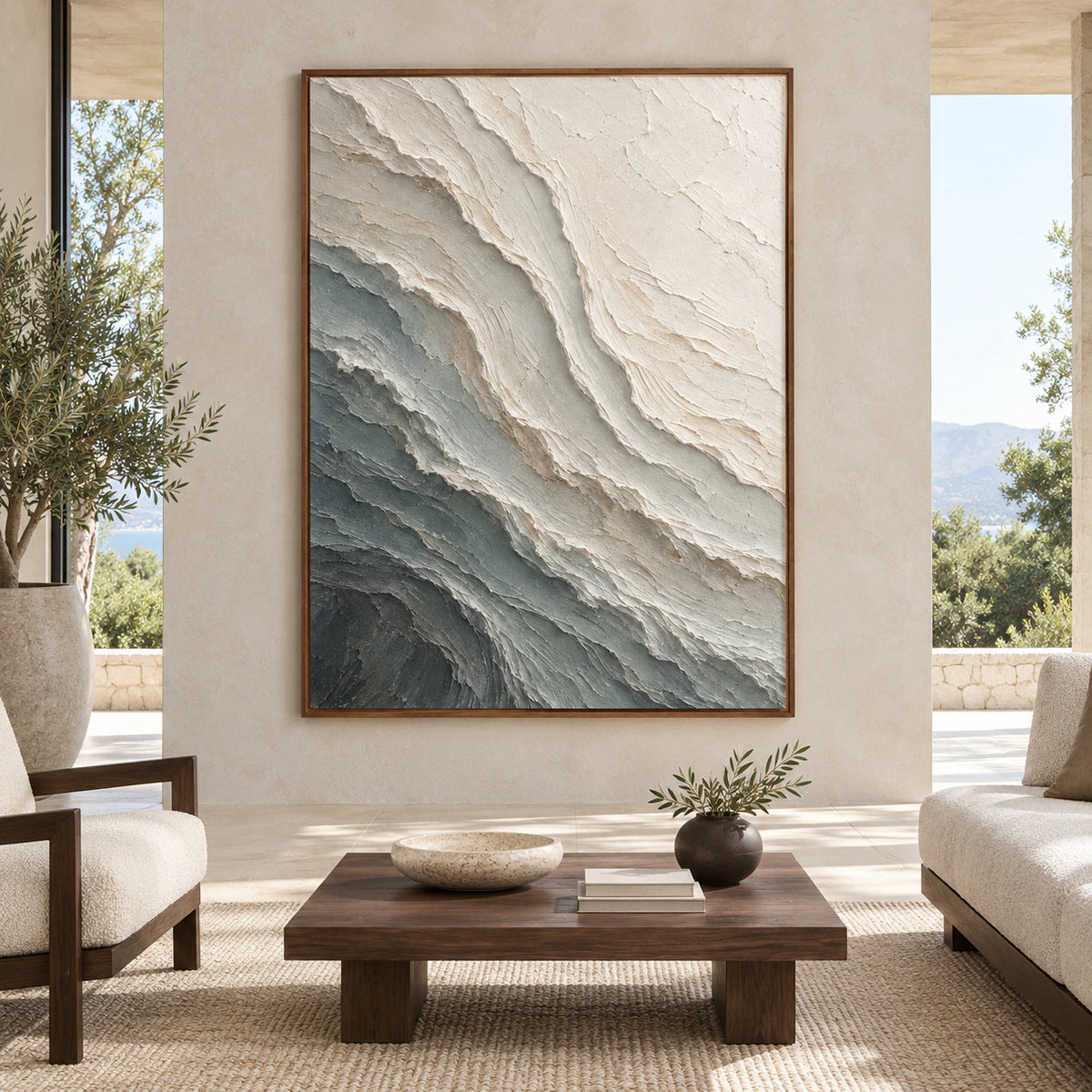 Large vertical Glacial-Relief artwork displayed straight-on in a spacious architectural living room.
