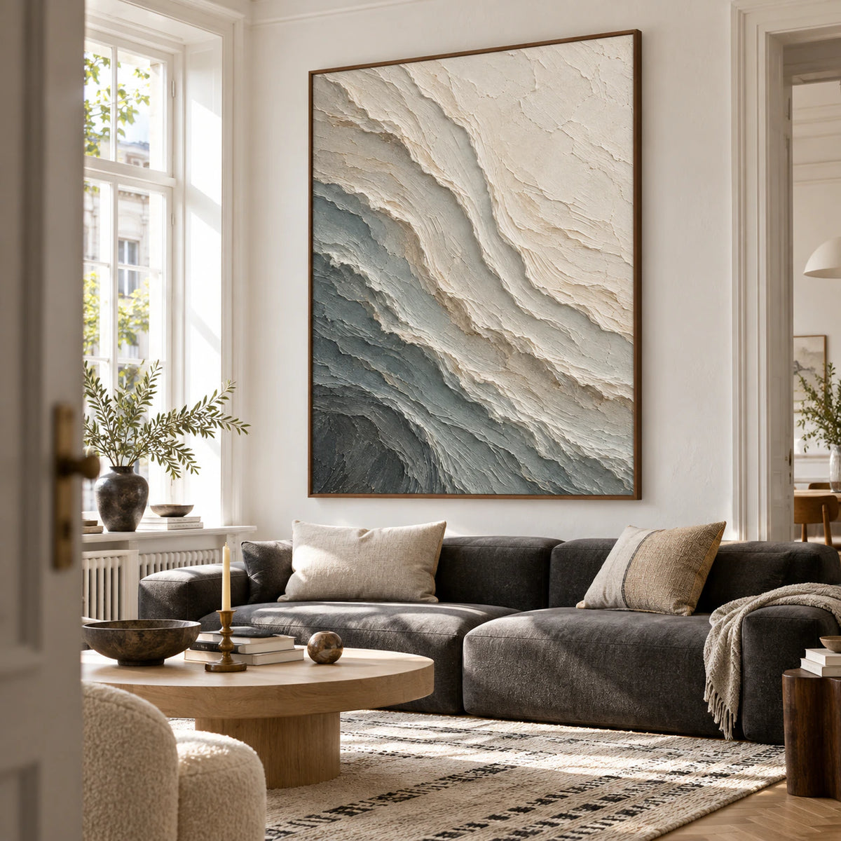 Glacial-Relief as a large focal artwork in a bright contemporary living room.