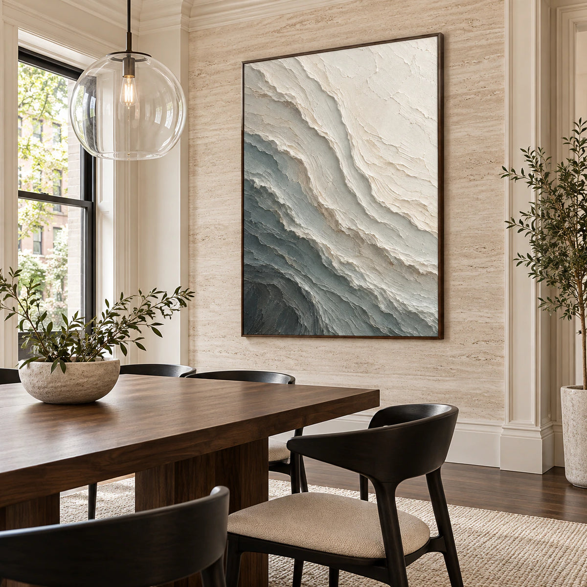 Glacial-Relief displayed above a refined dining setting with natural daylight.