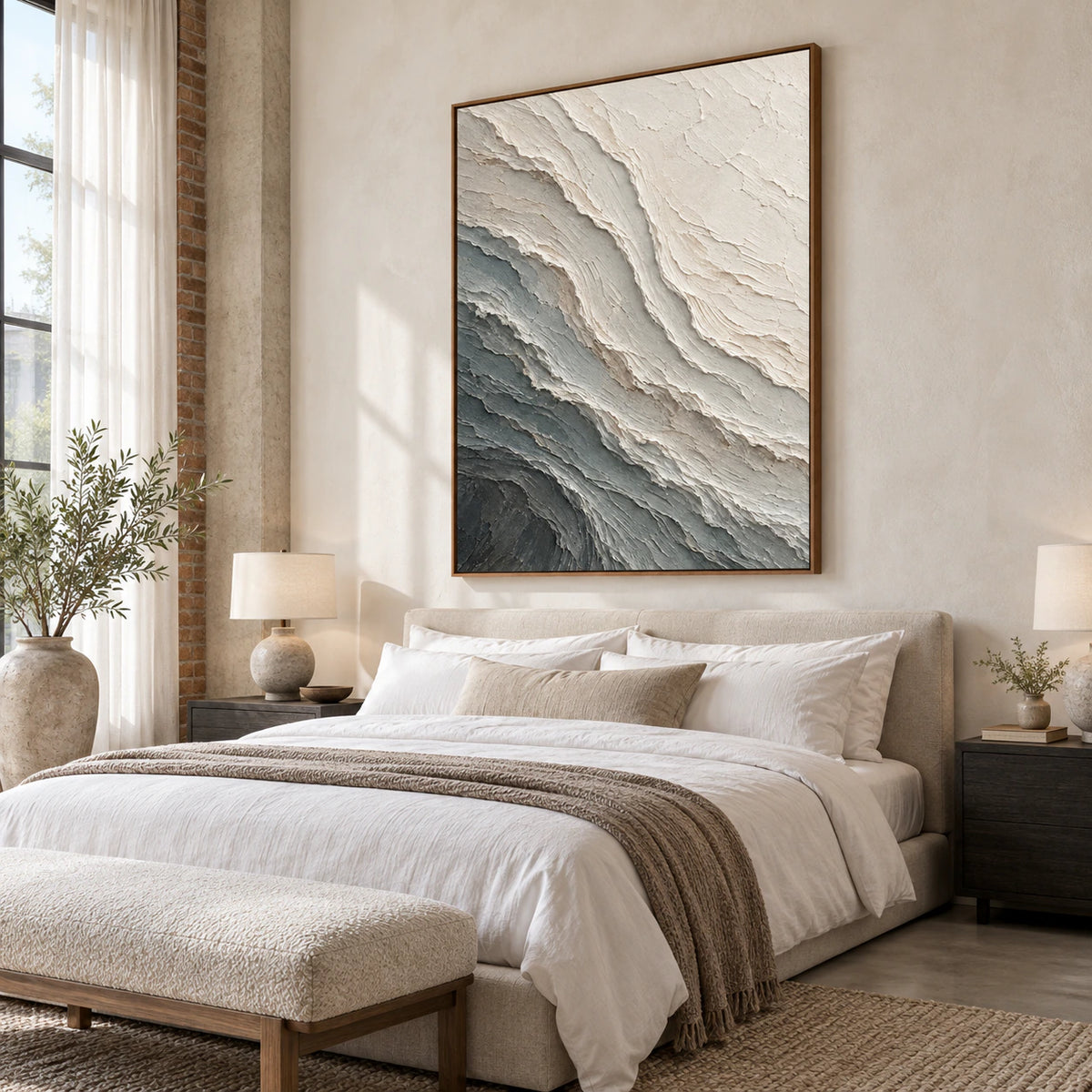 Glacial-Relief as a calming large-scale artwork in a quiet bedroom.