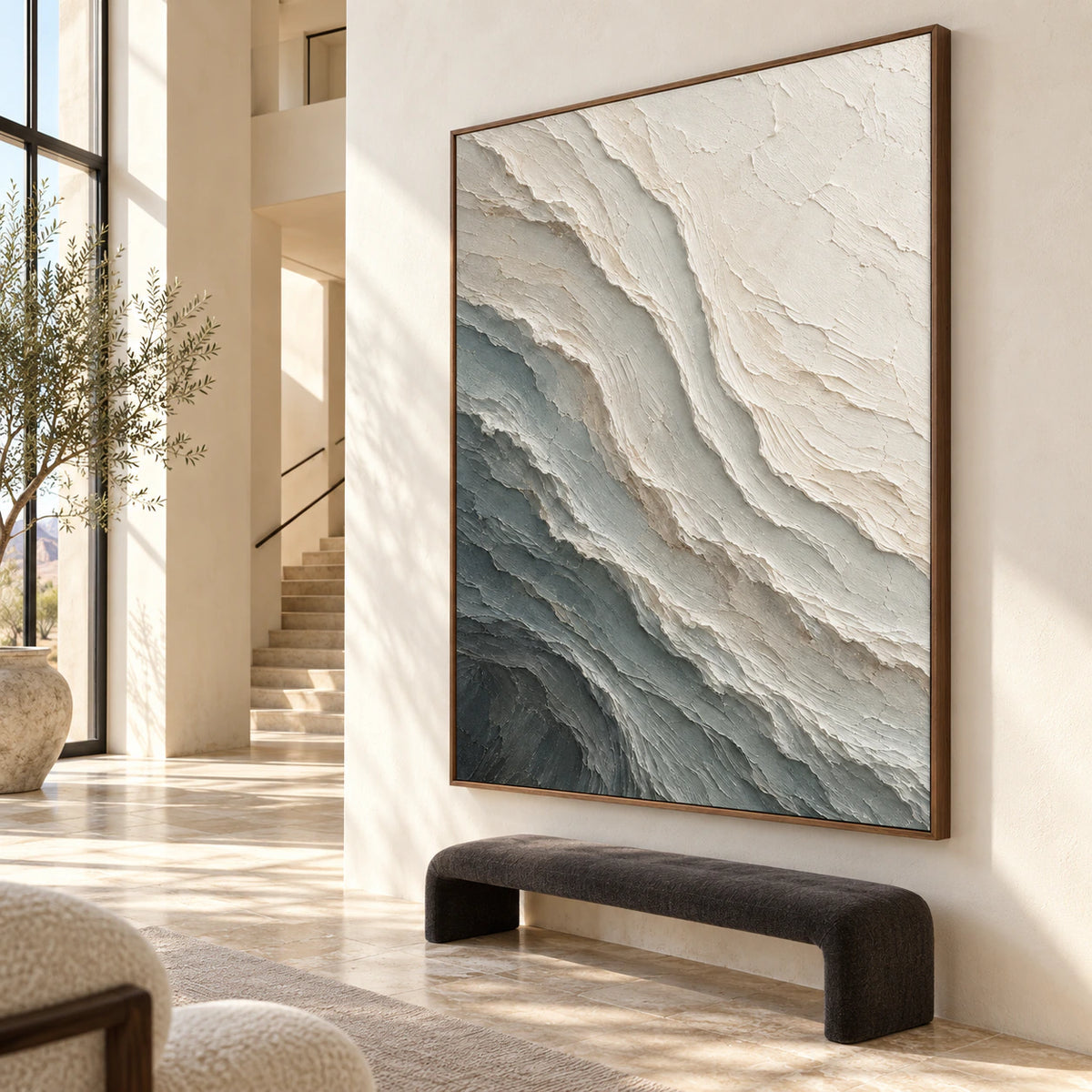 Glacial-Relief presented at gallery scale in a light-filled foyer.