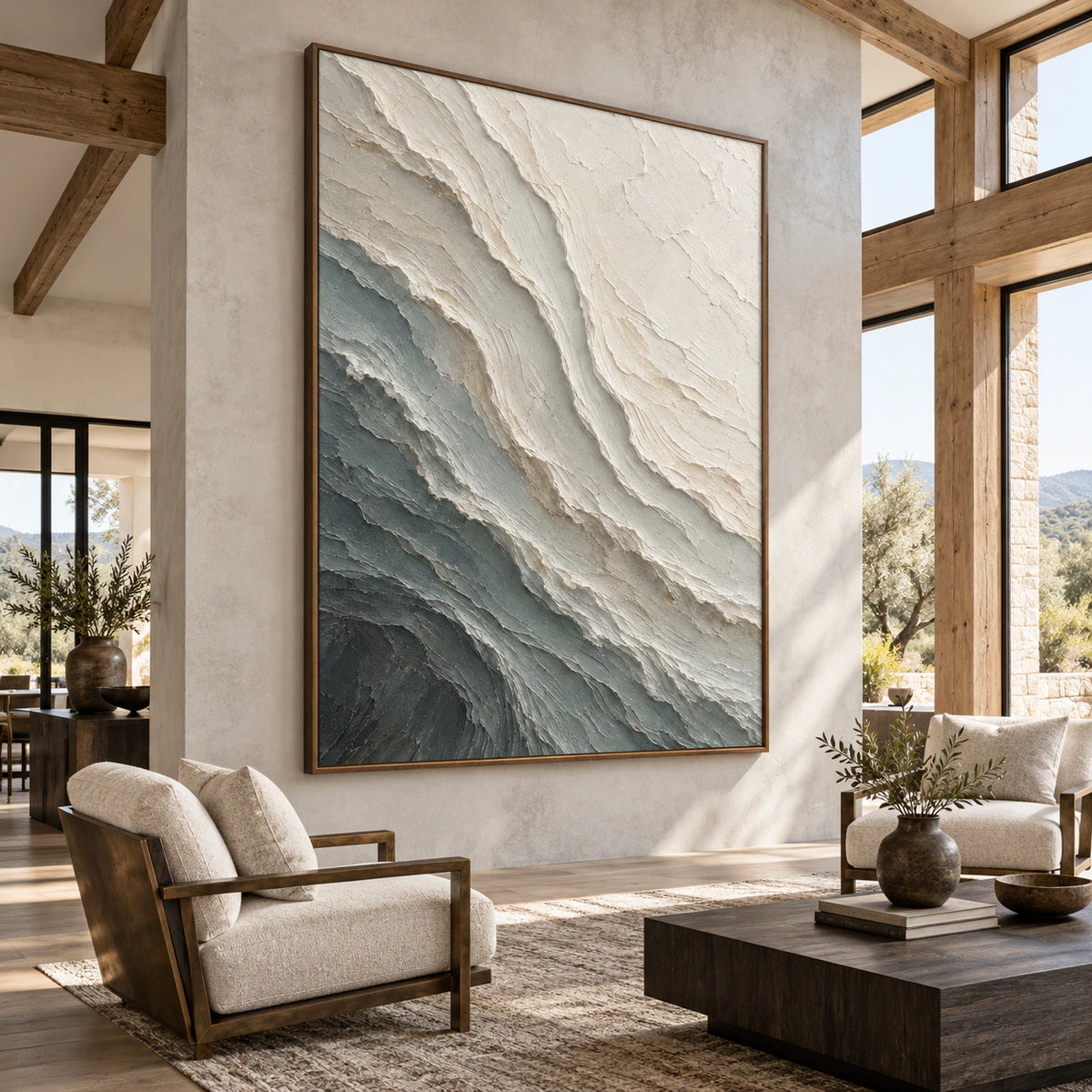 Glacial-Relief installed as a major artwork in an expansive loft hospitality interior.