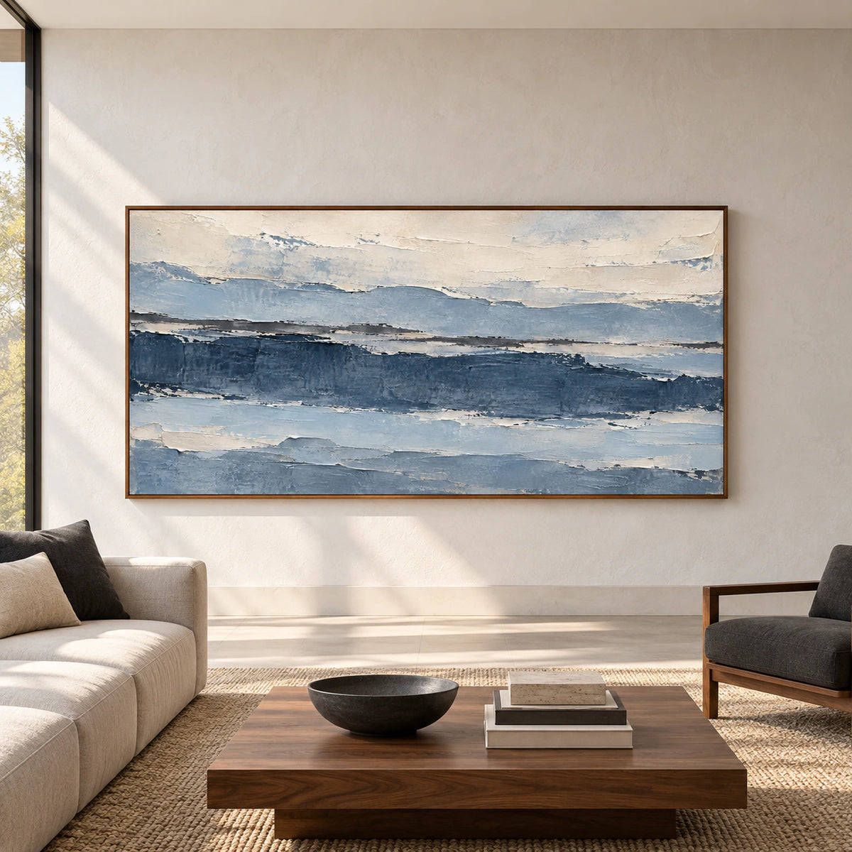Large horizontal Glacier Ledger artwork centered on a spacious gallery wall, viewed straight on.