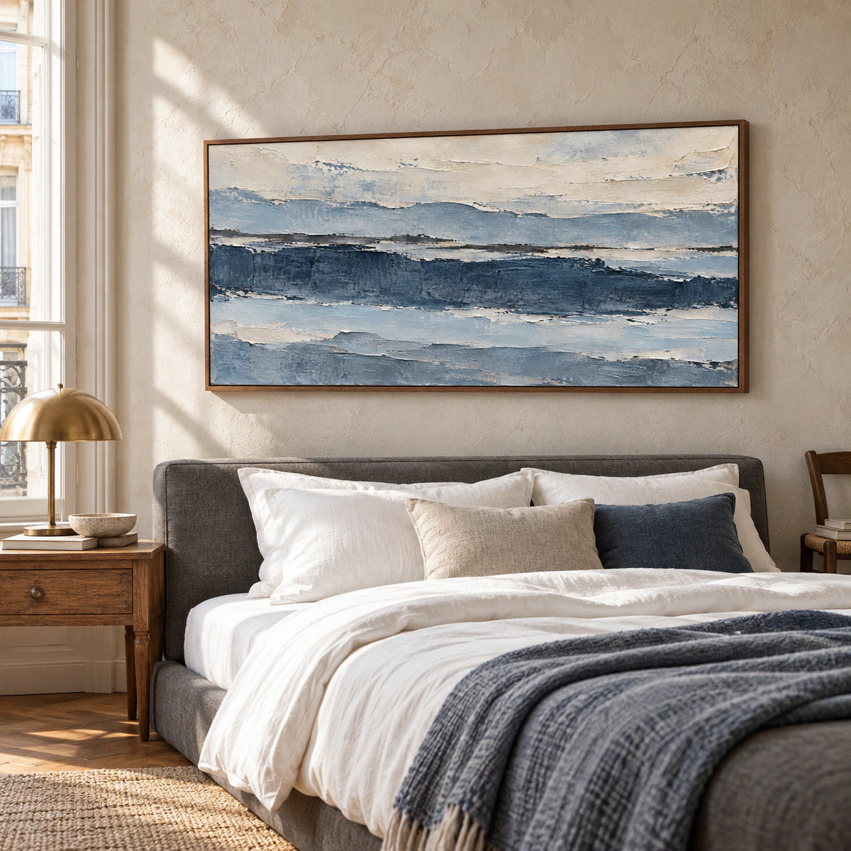 Glacier Ledger above a simple bed in a quiet, light-filled bedroom.