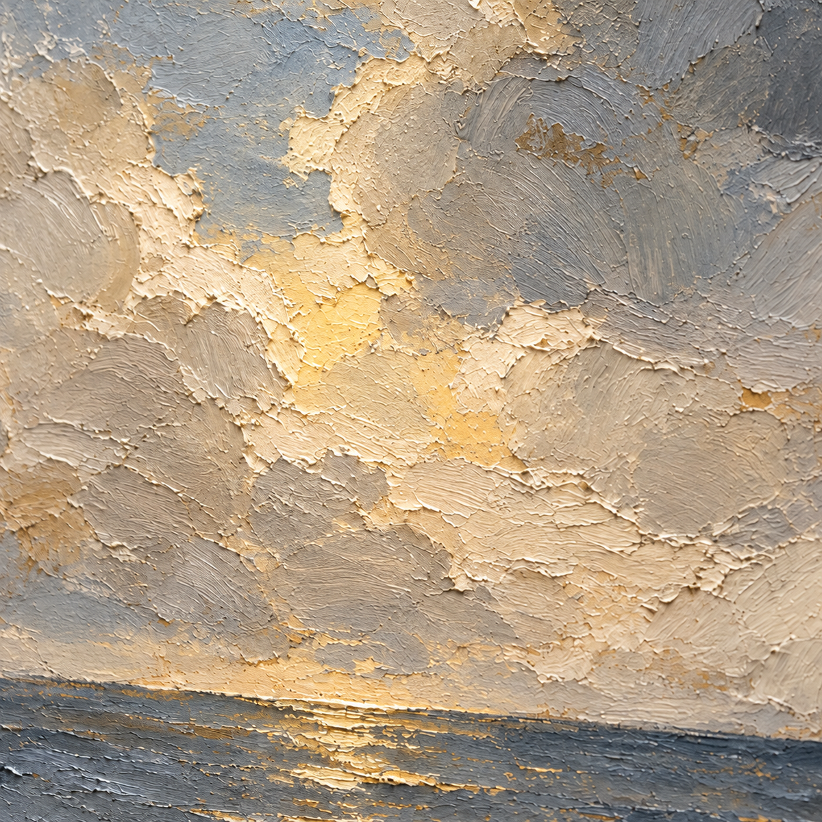 Close detail of Gloaming-Tide from an oblique side angle, with grazing light revealing raised paint, brushstrokes and surface texture.