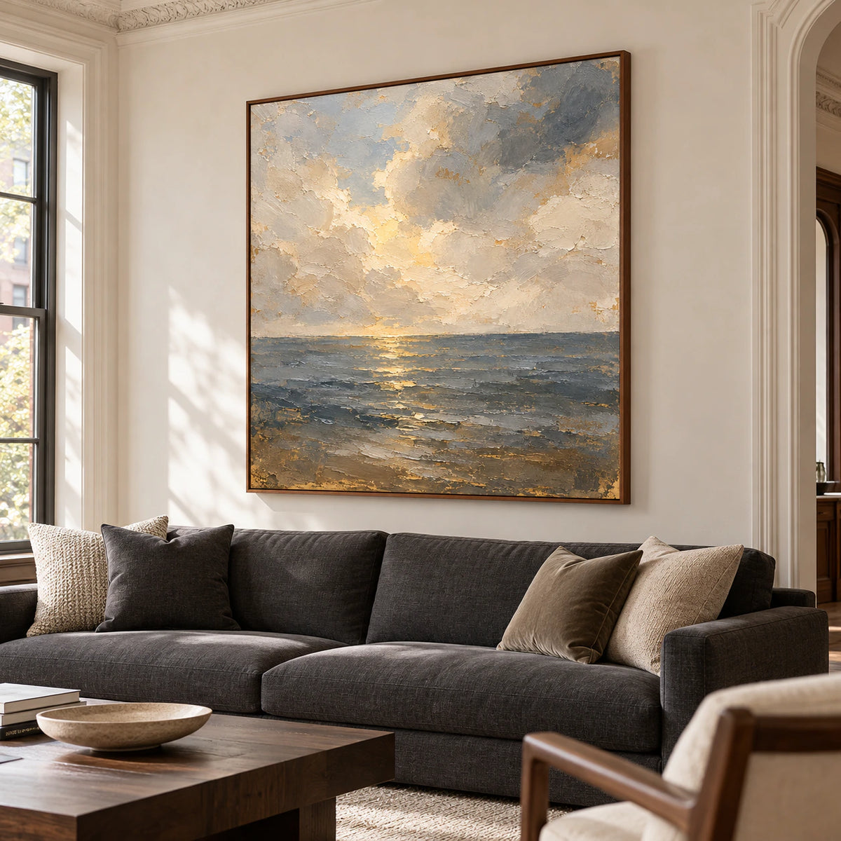 Gloaming-Tide above a charcoal sofa in a bright, open living room with pale plaster walls and restrained wood accents.