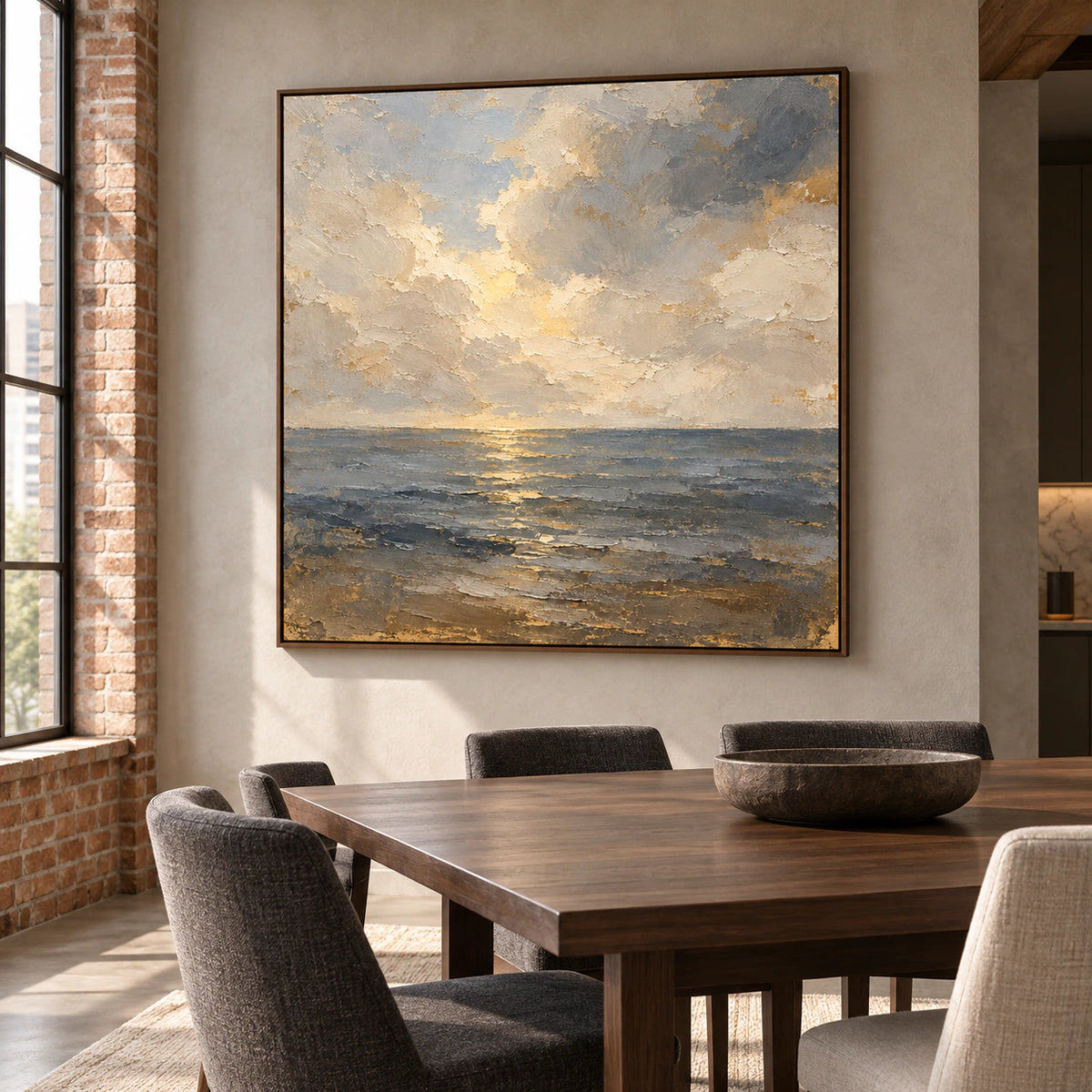 Left-oblique view of Gloaming-Tide above a dark walnut dining table in a bright dining room with charcoal and linen furnishings.