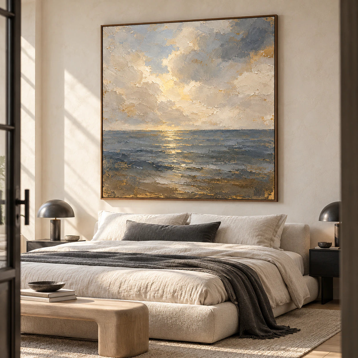 Right-oblique view of Gloaming-Tide above a low bed in a sunlit bedroom with pale linen, muted charcoal accents and natural wood.