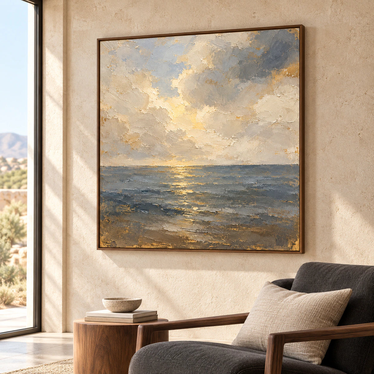 Left-oblique view of Gloaming-Tide beside a reading chair in an airy reading nook, with a tall window and soft daylight.