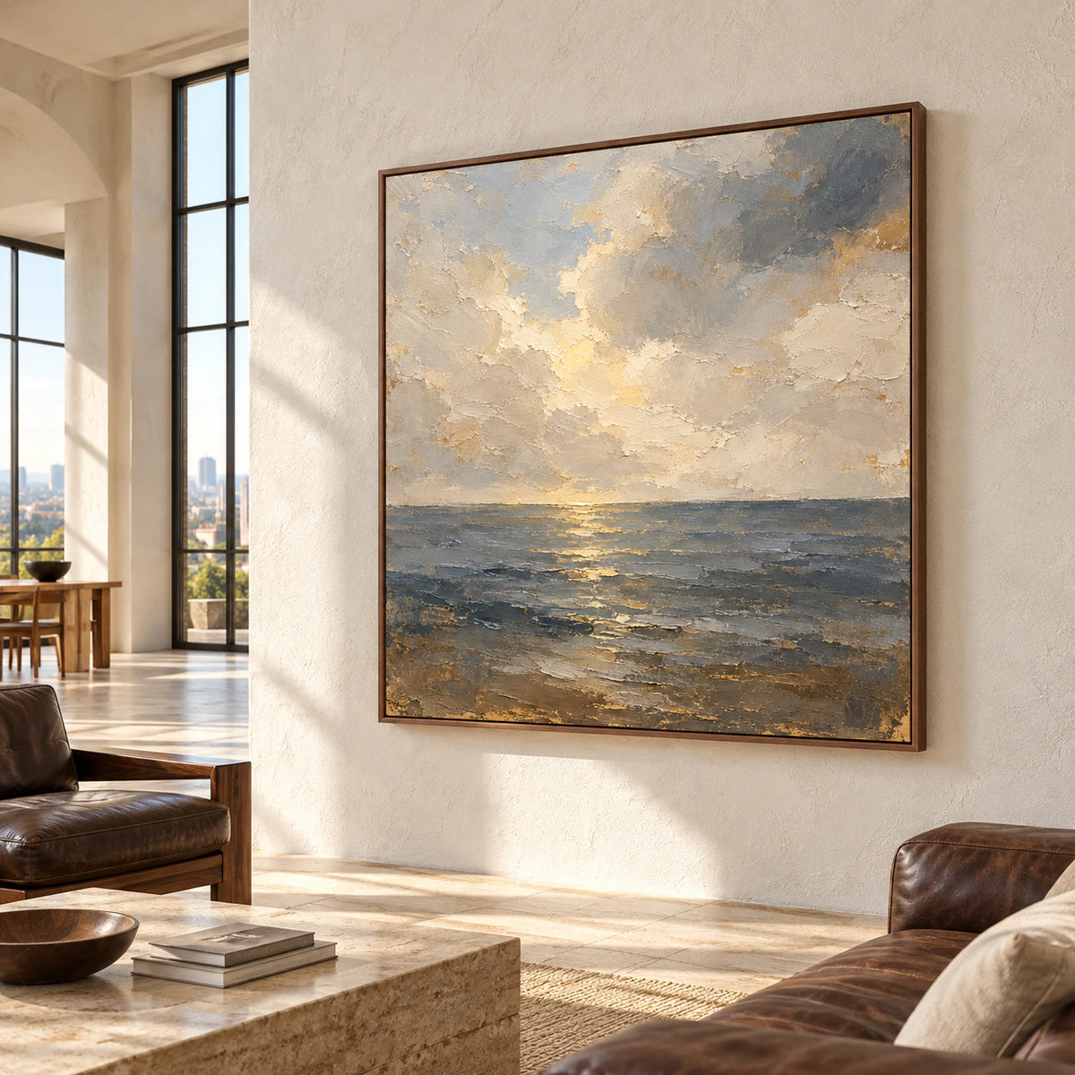 Left-oblique view of Gloaming-Tide on a broad pale wall in a bright loft lounge with tall windows, dark leather and natural wood furnishings.